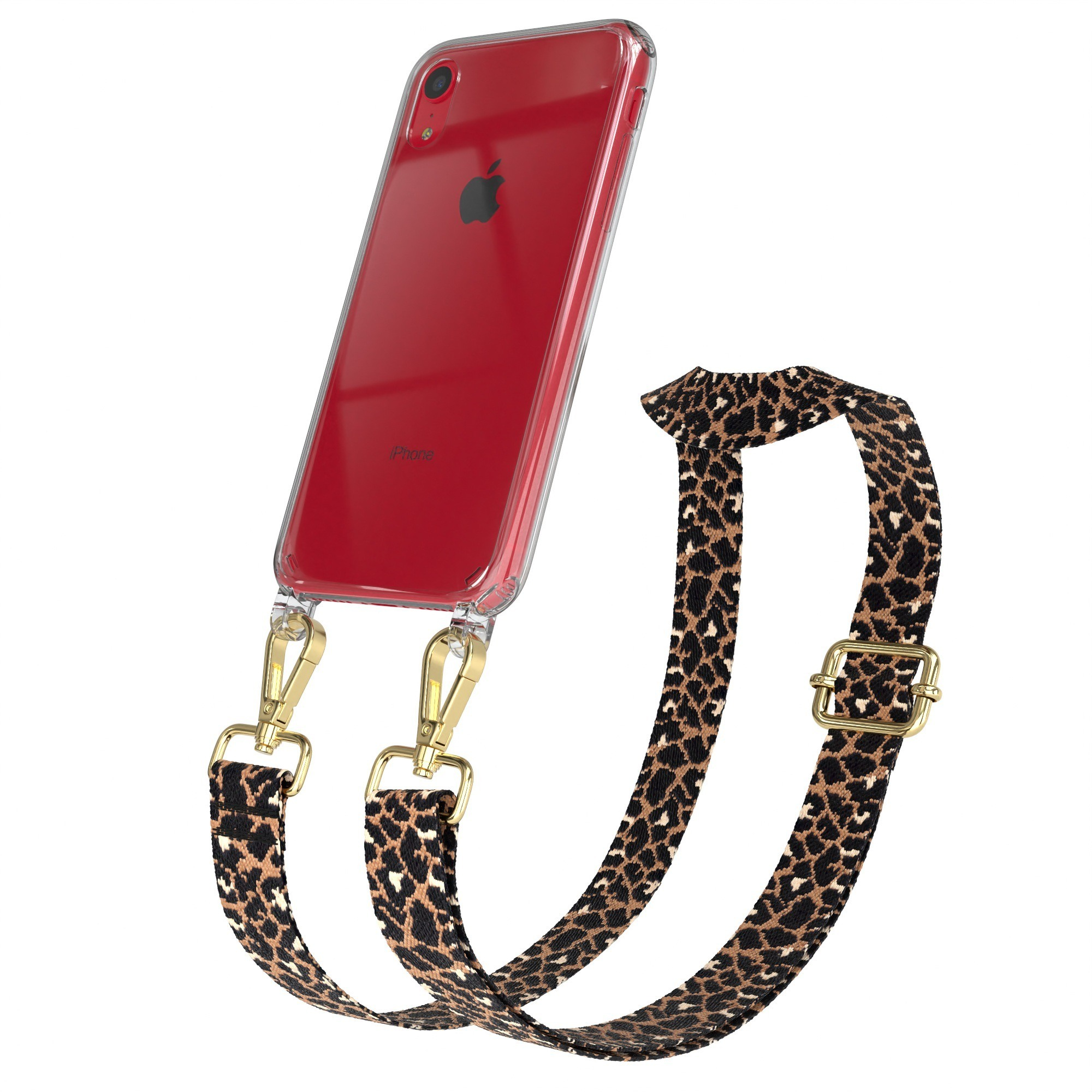 Rotes Telefon in transparenter Hülle mit Leopardenmuster-Riemen und goldfarbener Hardware. Weißer Hintergrund.