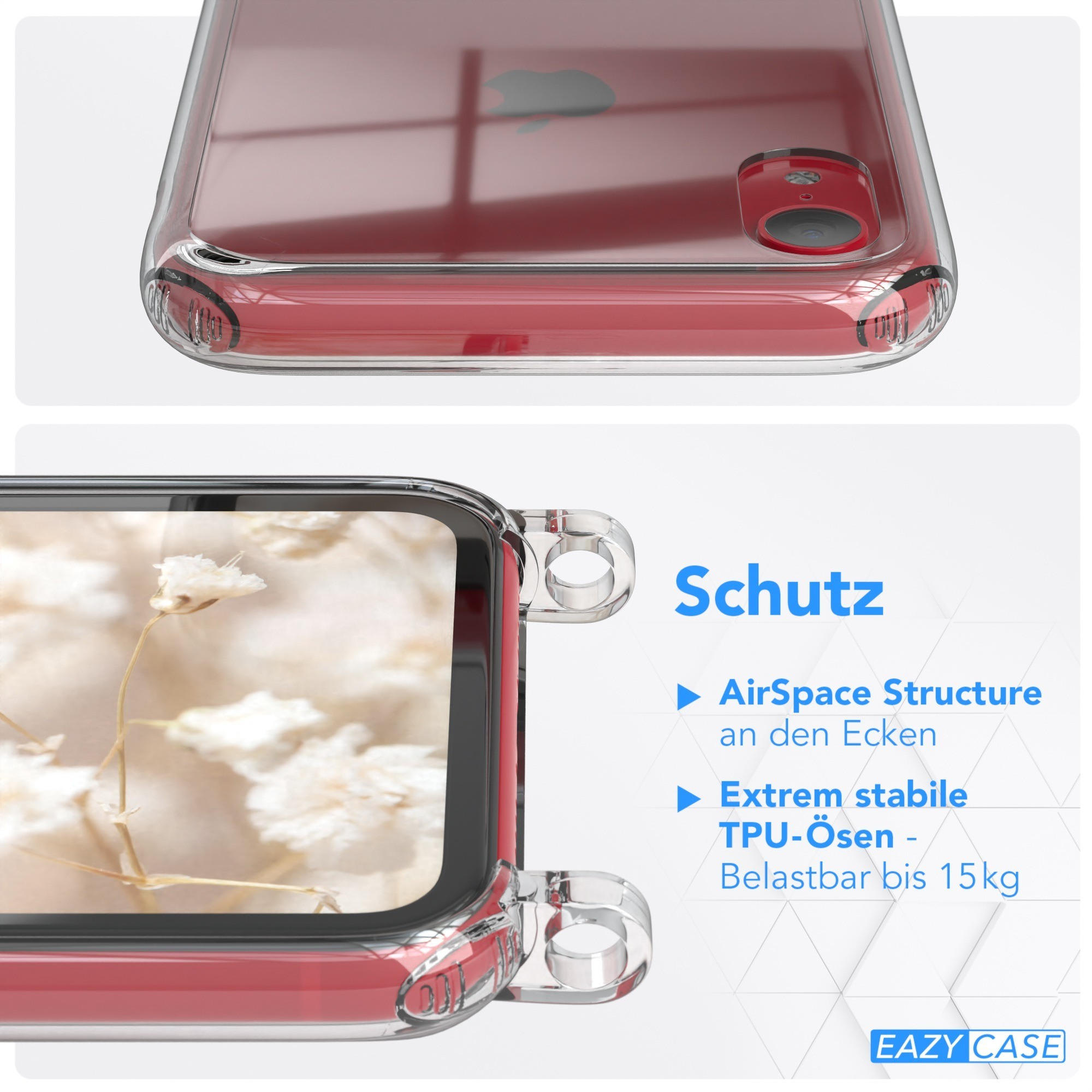 Transparente Handyhülle mit rotem Telefon, von oben und der Seite gesehen. Text: Schutz, AirSpace Structure.