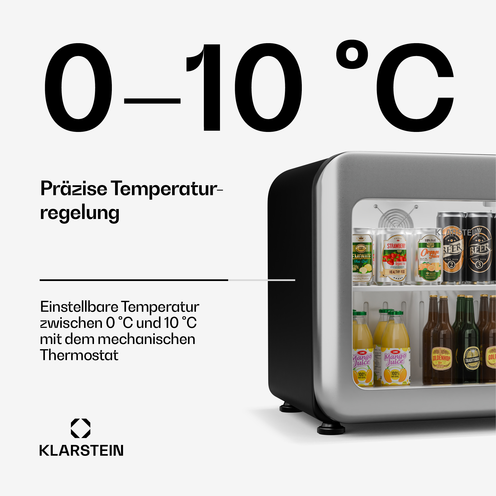 Mini frigo con bevande all'interno. Testo: Controllo preciso della temperatura, 0-10°C.