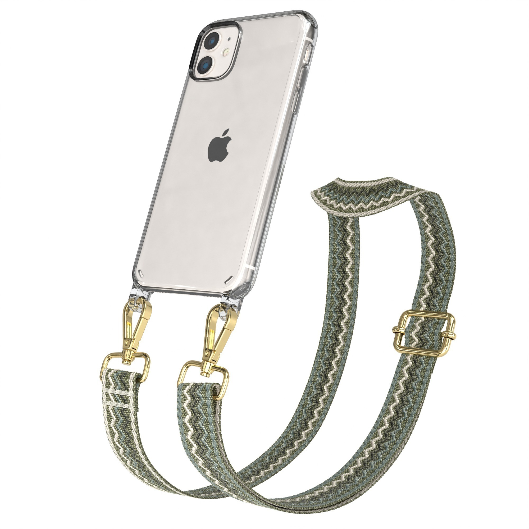 Transparente Handyhülle mit Telefon und grün-beigefarbenem, gemustertem Trageriemen mit goldfarbenen Verschlüssen.