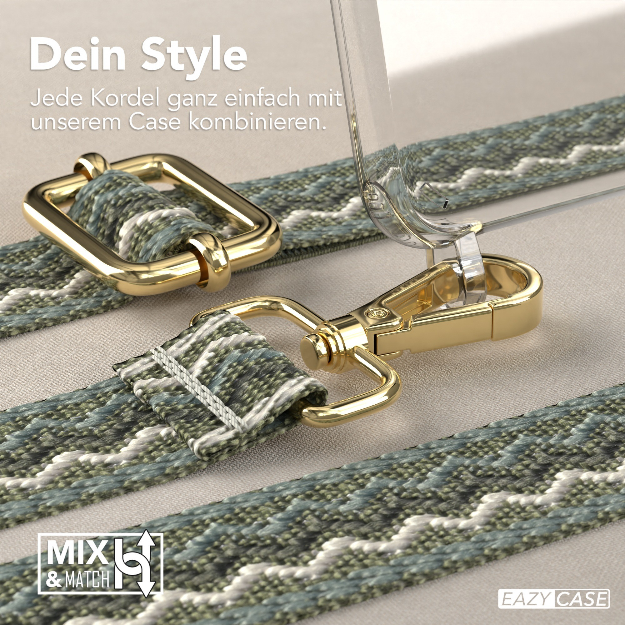Handyhülle mit Riemen. Goldener Verschluss. Gewebter Riemen in grün-weißem Muster.