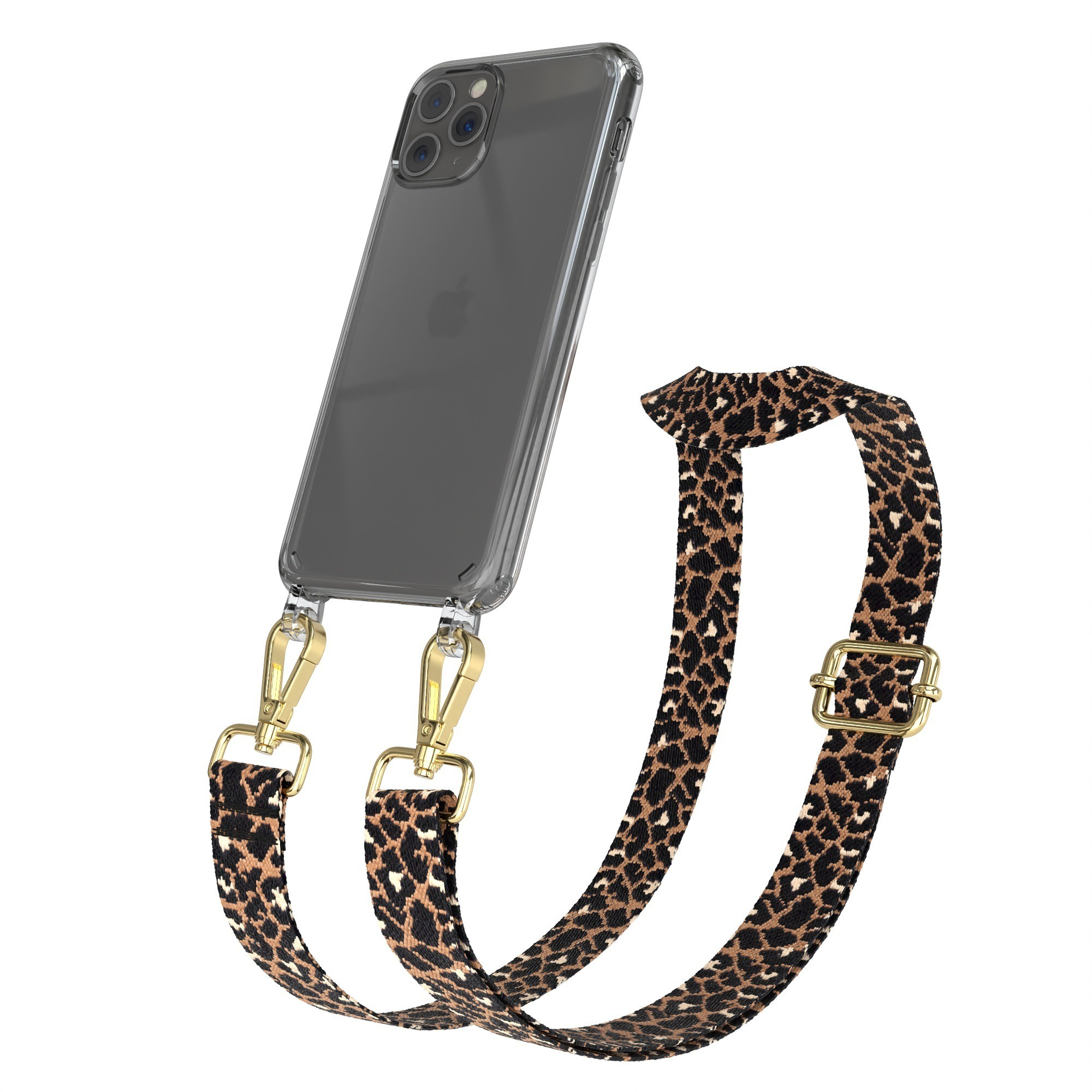 Transparente Handyhülle mit Leopardenmuster-Gurt und goldfarbener Hardware.
