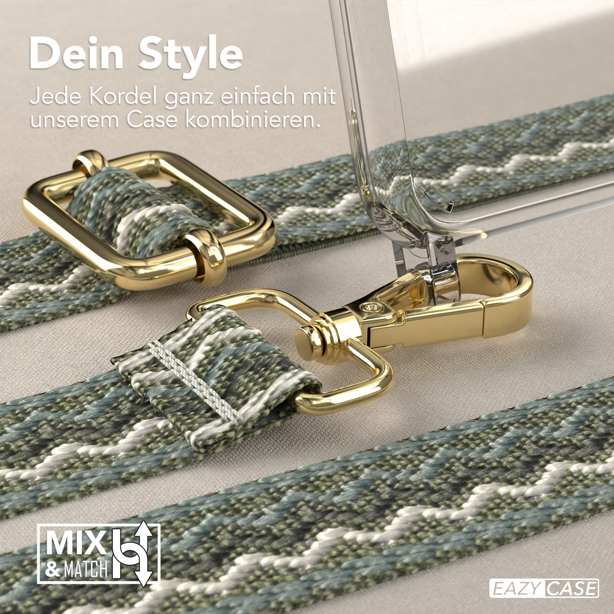 Nahaufnahme einer Handyhülle mit Riemen. Der Riemen ist grün und weiß. Goldene Hardware.