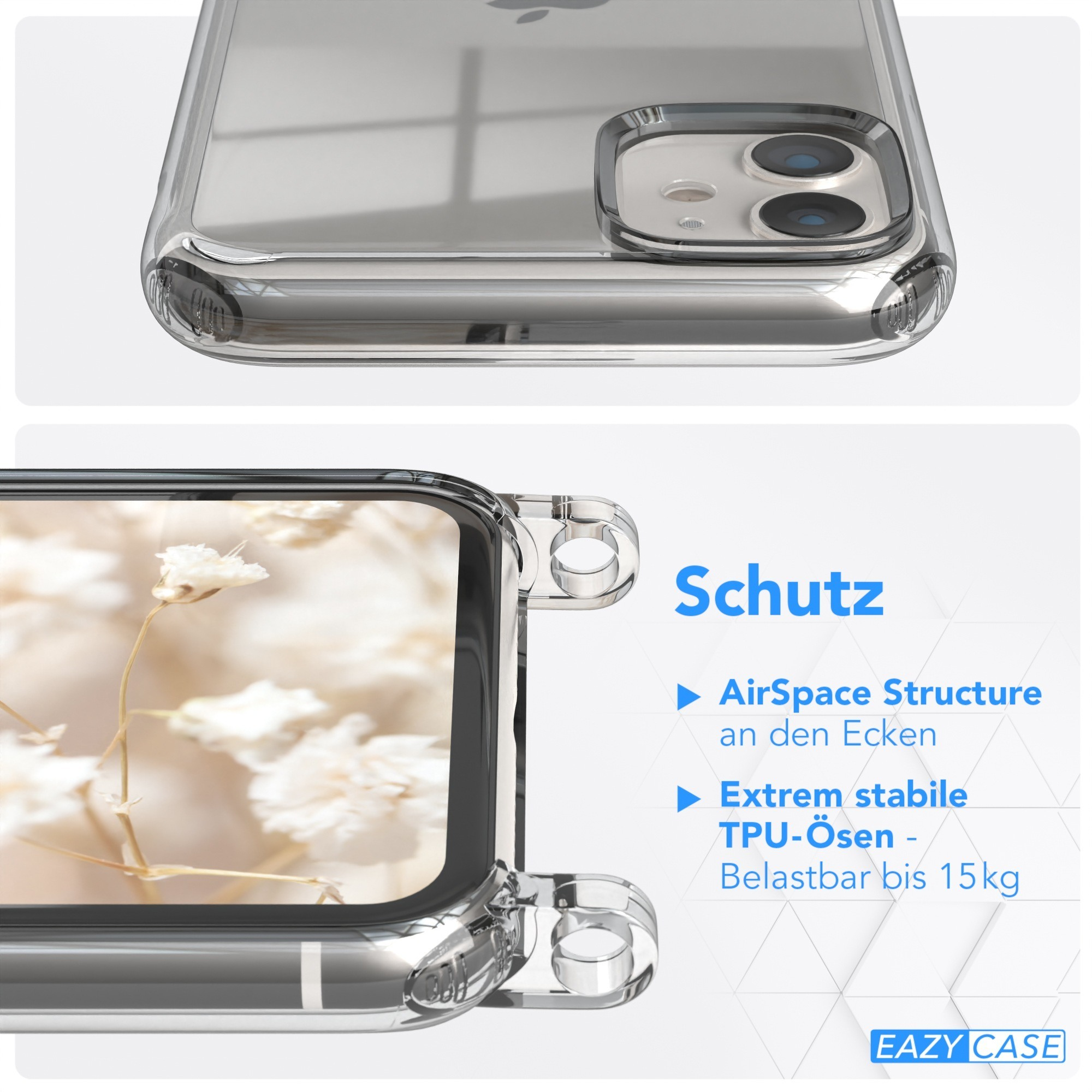 Klare Handyhülle über Telefon, mit Text über AirSpace Structure und TPU-ösen.