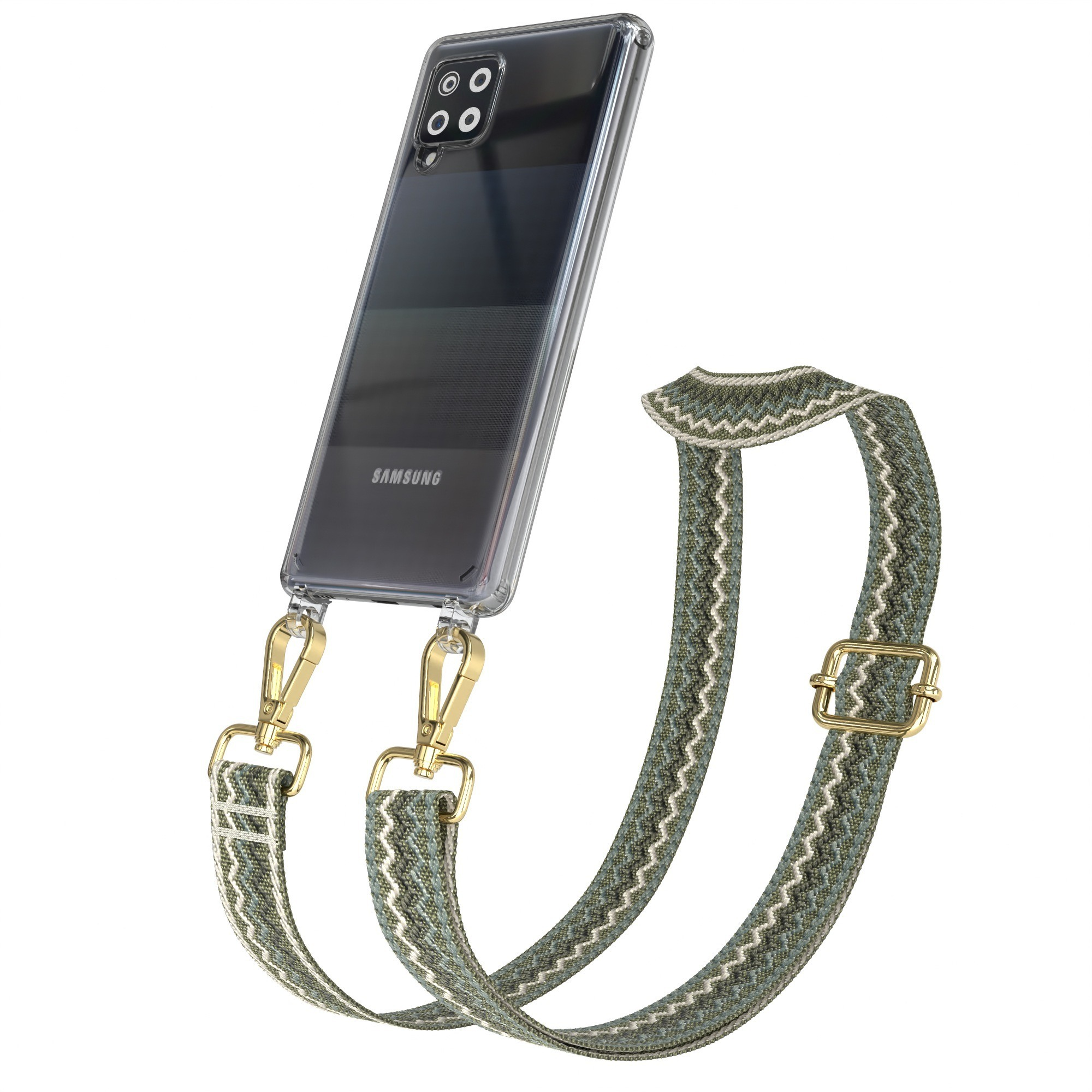 Telefon mit durchsichtiger Hülle und grün gemustertem Riemen. Riemen ist grün und weiß. Telefon ist schwarz.