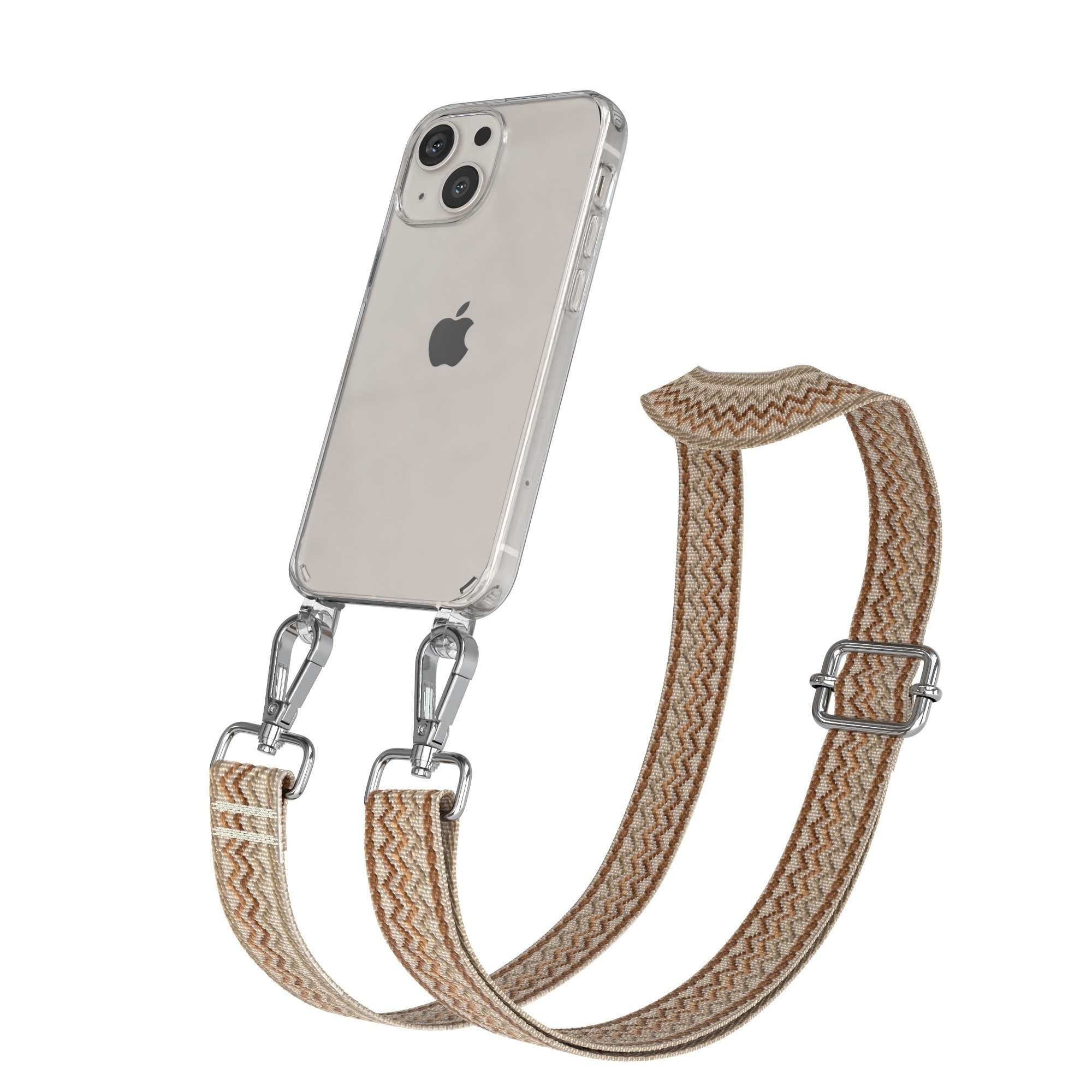 Eine Handyhülle mit einem Riemen. Der Riemen ist braun und beige mit silberner Hardware. Das Telefon ist klar.