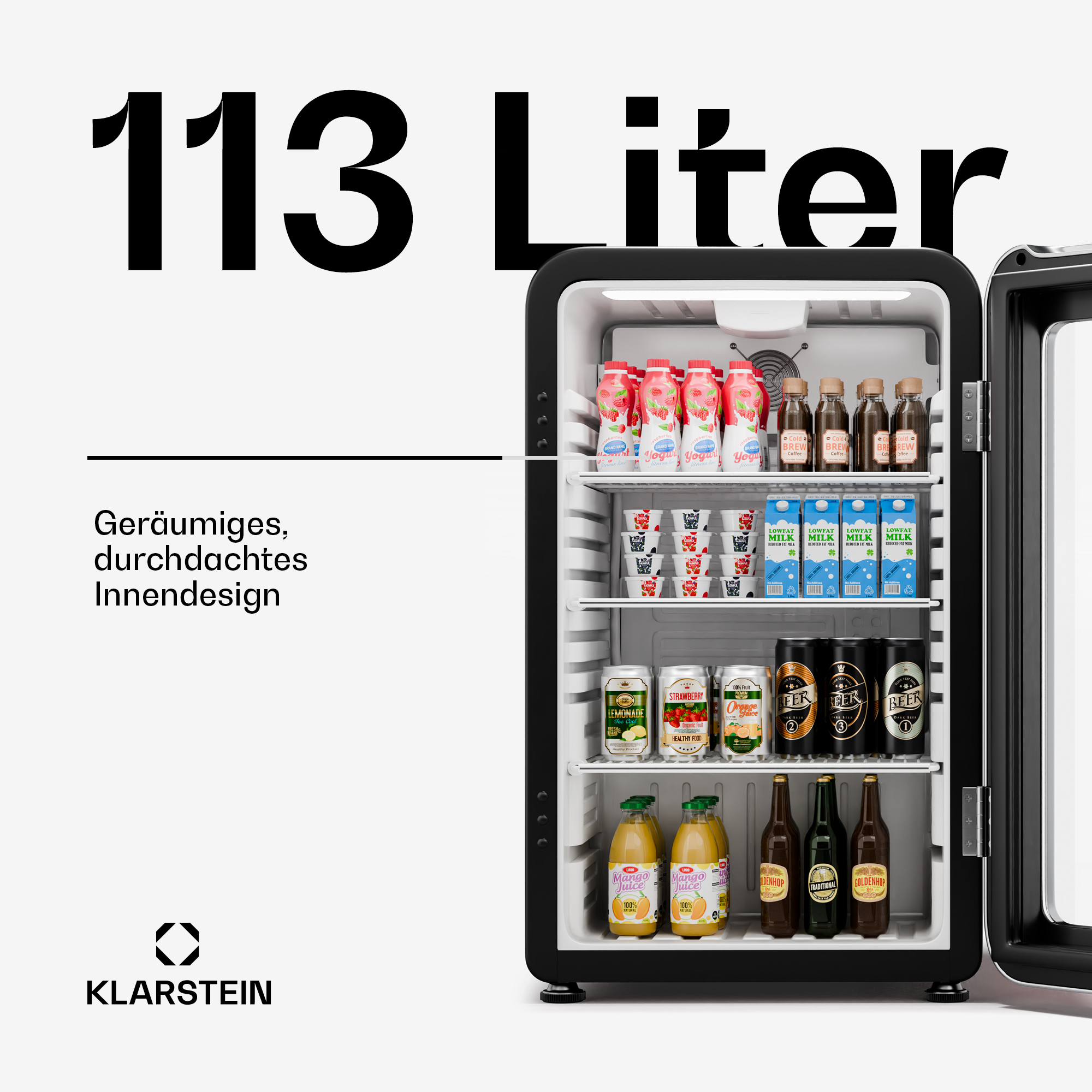 Mininevera con bebidas. Contiene leche, yogur, zumo, cerveza y botellas de agua. Texto: 113 Litros, Klarstein.