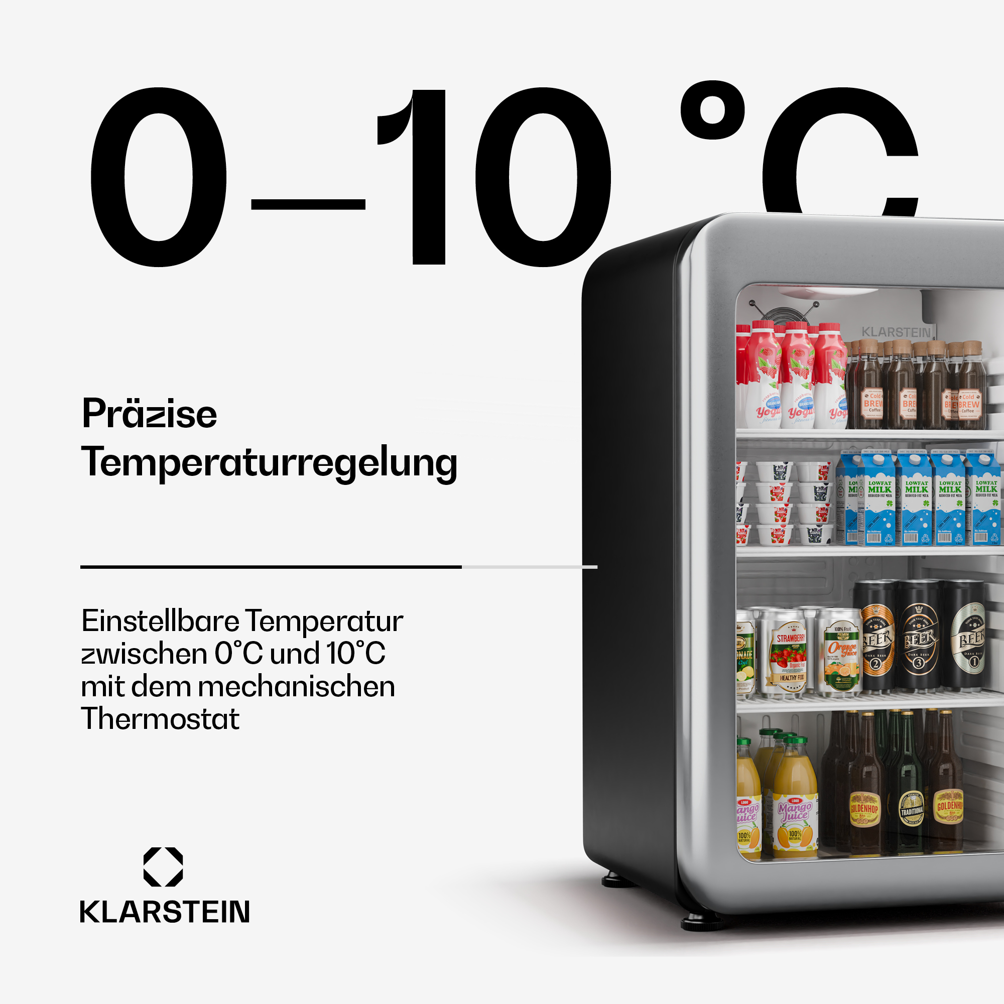 Min nevera con bebidas, pantalla de temperatura, negro y plata.