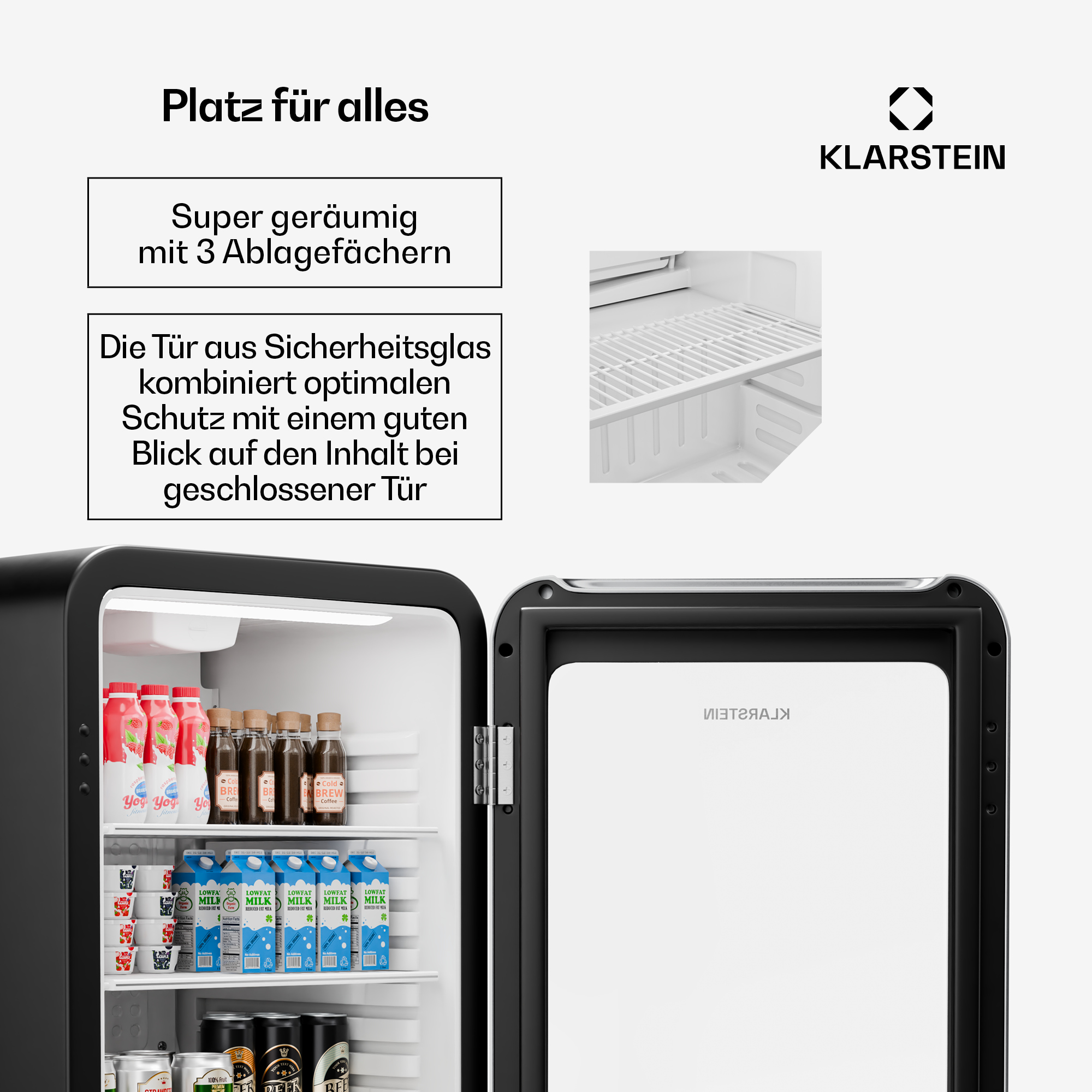 Refrigerador negro abierto con estantes y productos. Texto a la izquierda y un detalle del estante a la derecha.