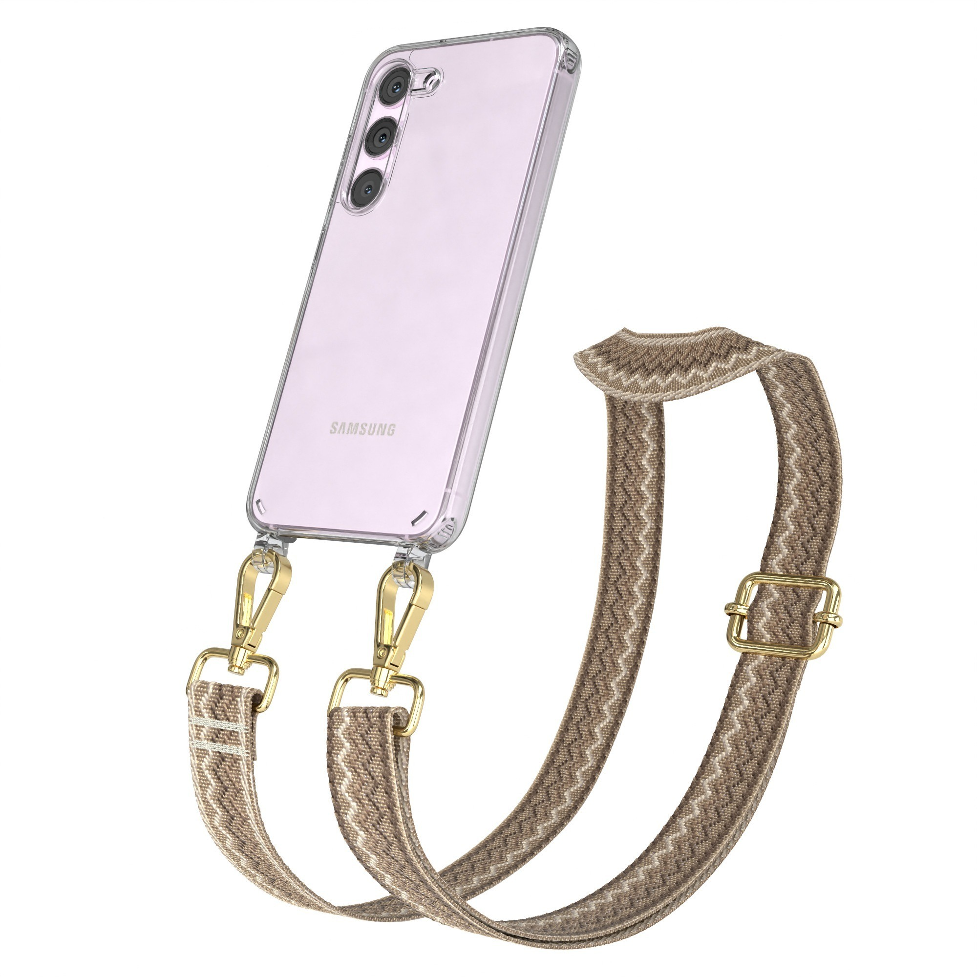 Telefon in klarer Hülle mit beigefarbenem Gurt. Goldene Verschlüsse, schräg, weißer Hintergrund.