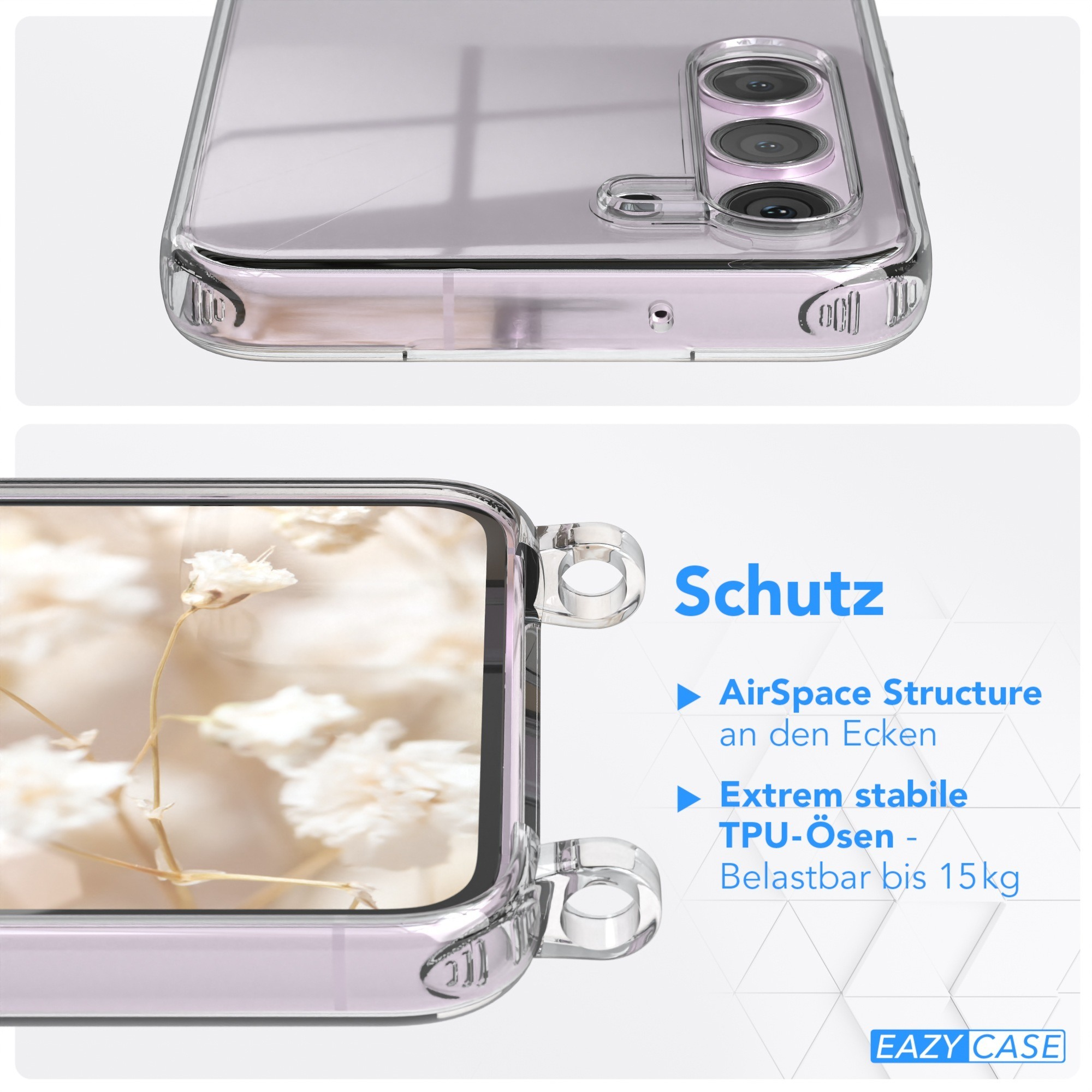Transparente Handyhülle über einem Telefon, Textbeschreibung. Weißer, floraler Hintergrund.