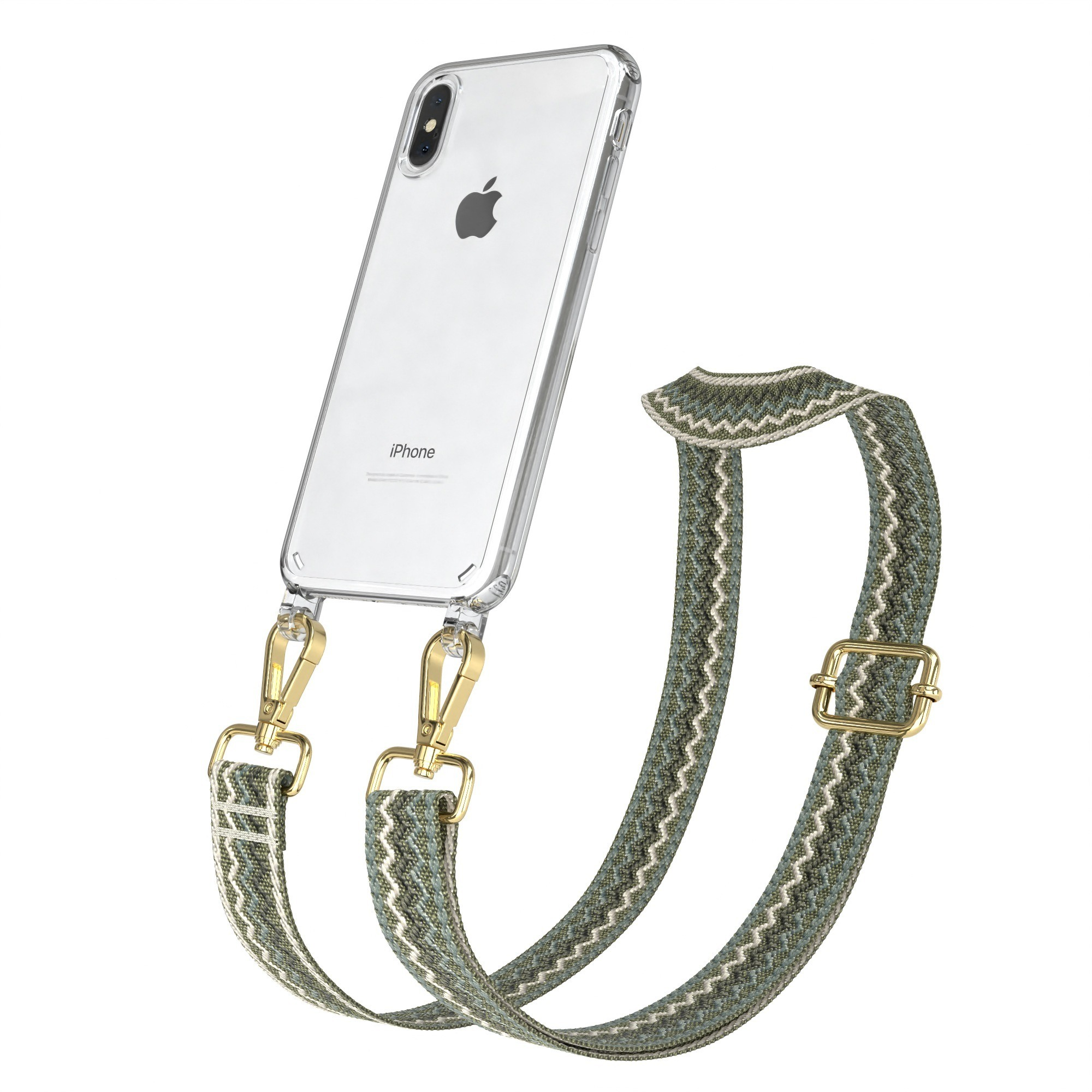 Transparente Handyhülle mit grün gemustertem Gurt, Telefon ist schwarz. Gurt hat goldene Hardware.