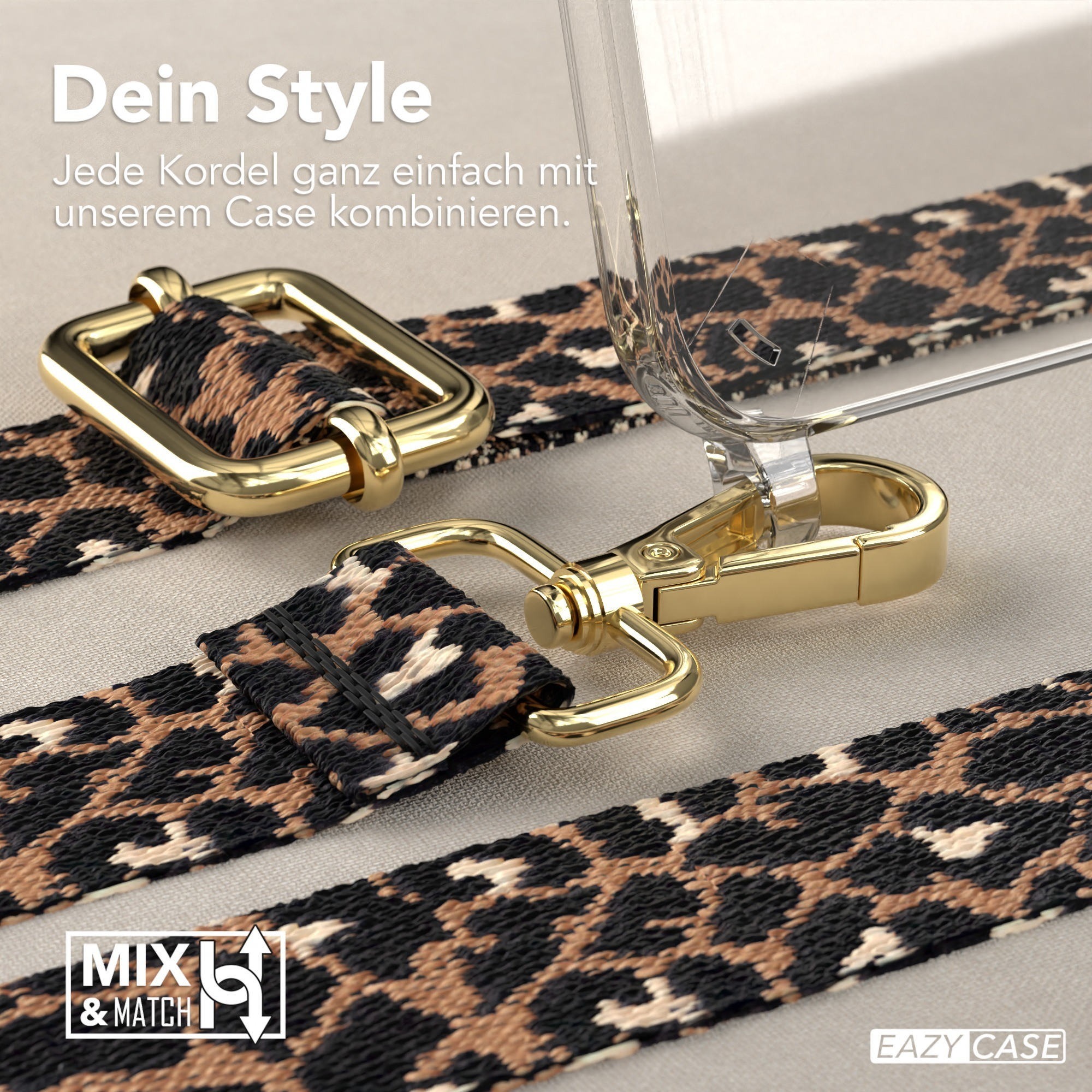 Nahaufnahme des Handyhüllenriemens mit Leopardenmuster und Golddetails. EAZY CASE Logo.