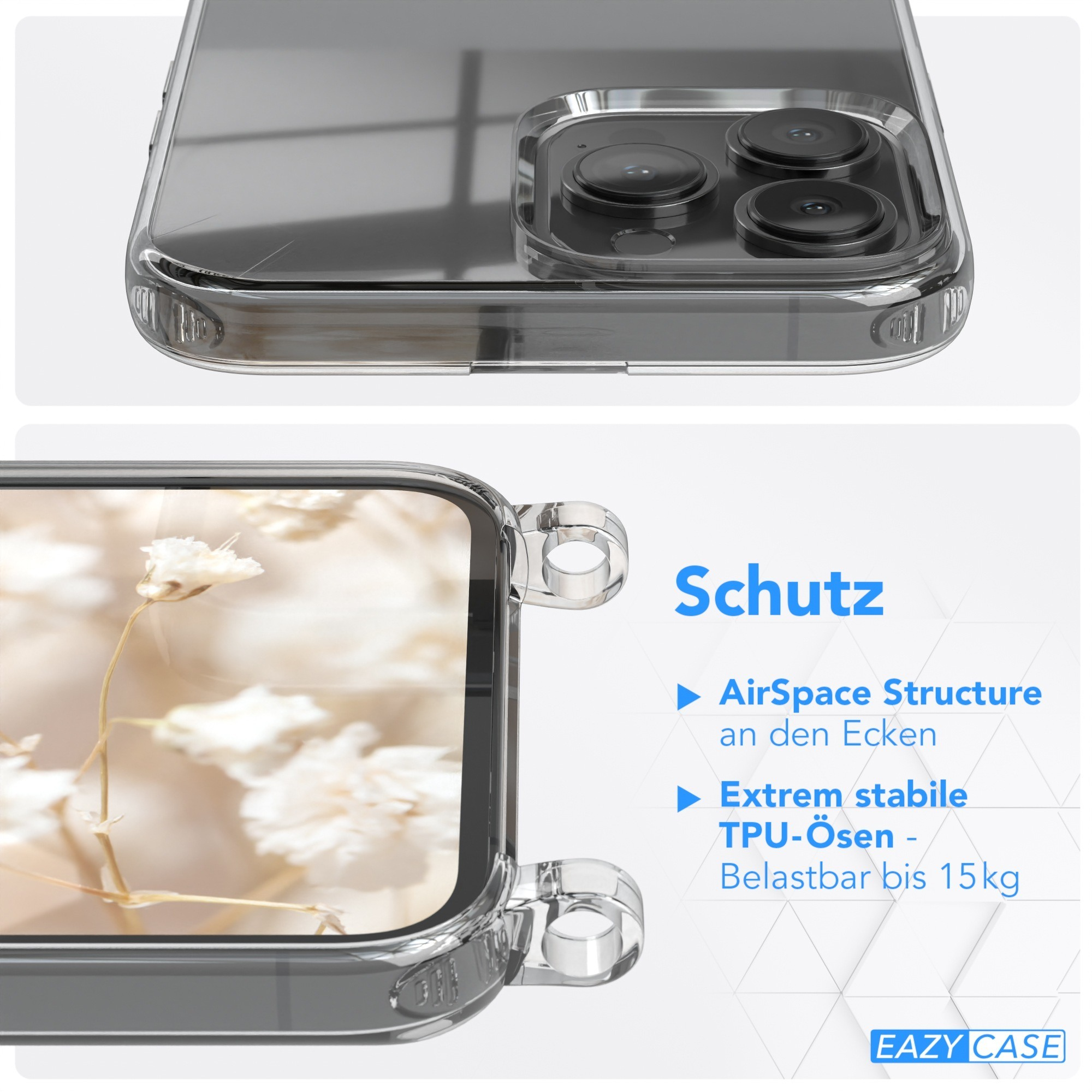 Nahaufnahme der Handyhülle mit Telefon und Text über Schutzfunktionen.