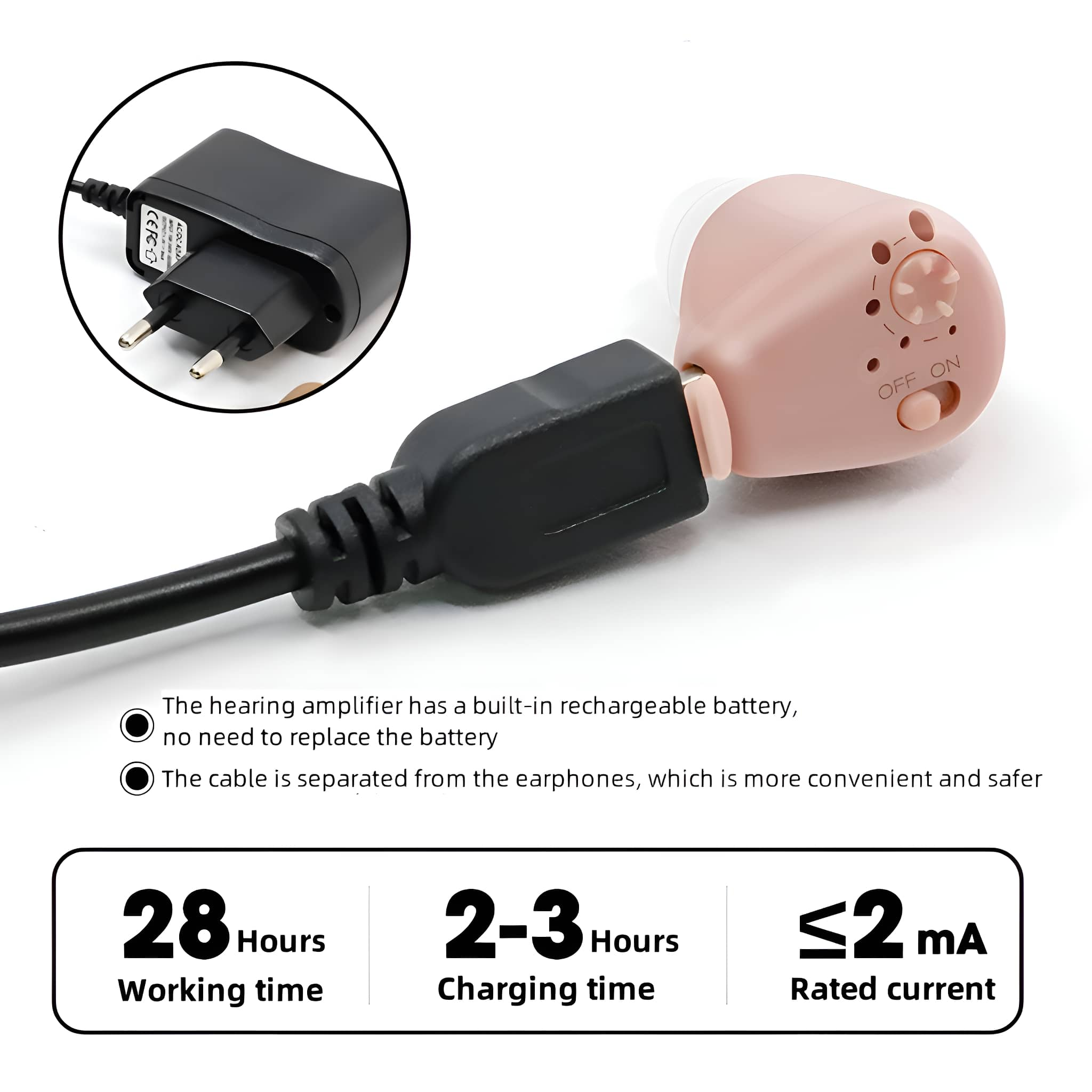 Ein Hörgerät mit Ladekabel und Netzteil.