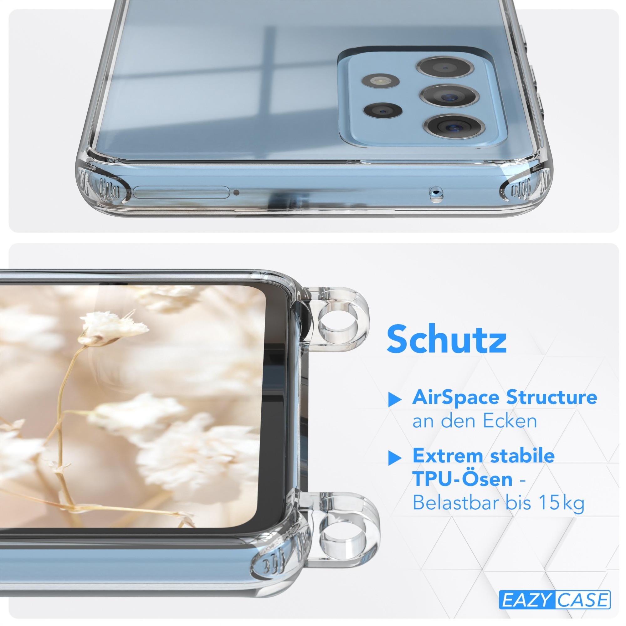 Eine transparente Handyhülle auf einem blauen Telefon mit Details zu Schutzfunktionen.