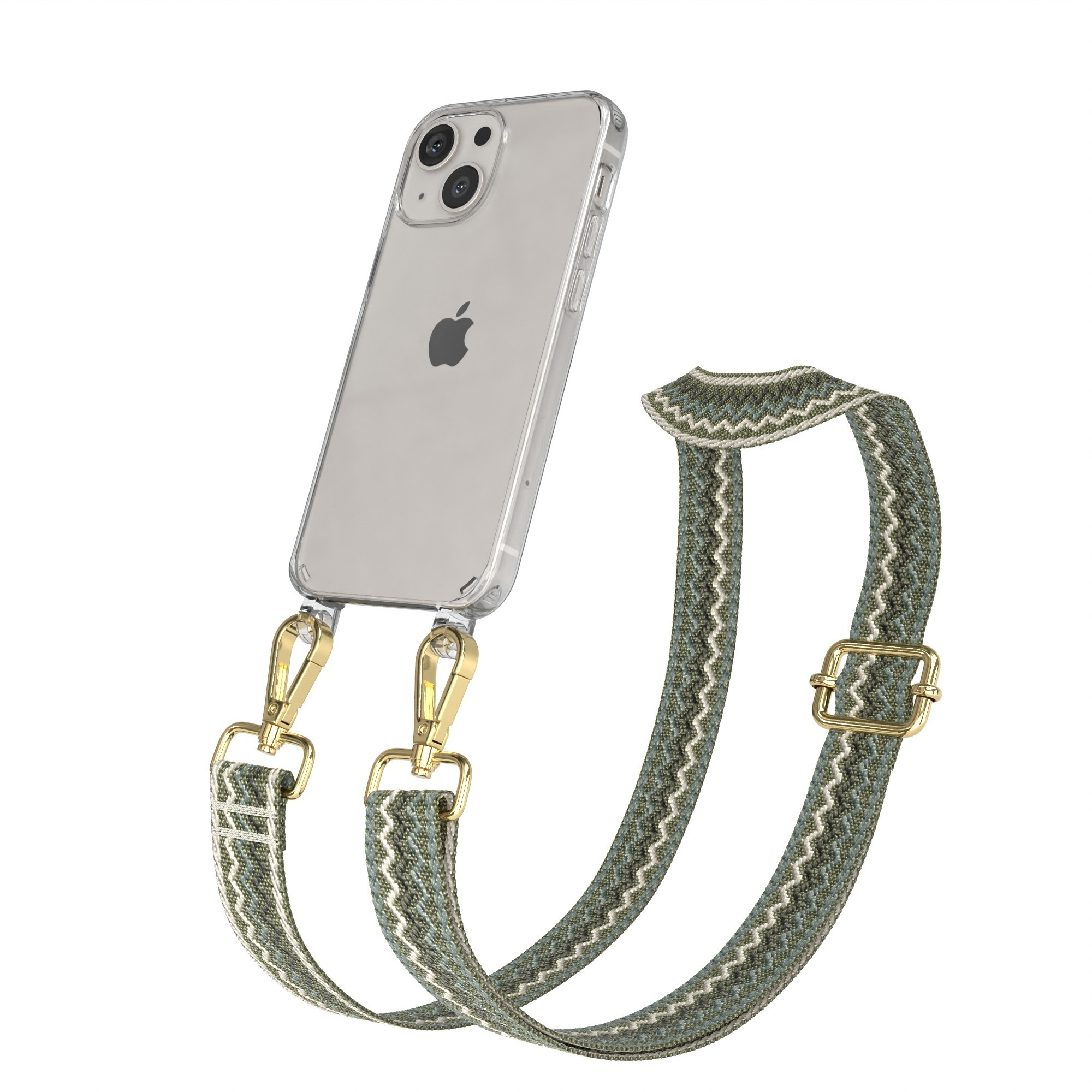 Telefon mit durchsichtiger Hülle und grünem Riemen. Riemen hat ein grün-weißes Zickzackmuster. Goldene Metallverschlüsse und Schnalle.