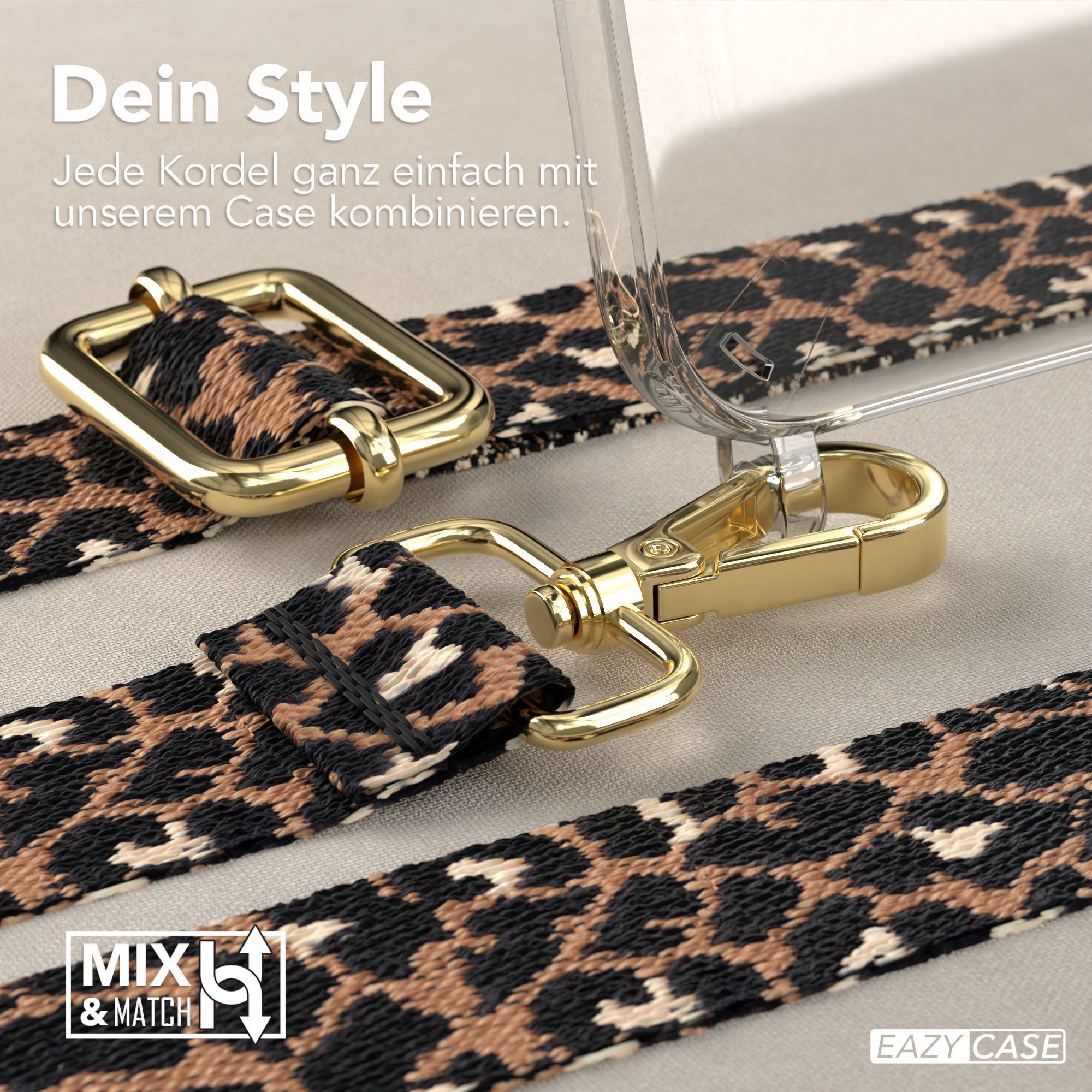 Nahaufnahme einer Handyhülle mit Leopardenmusterband. Die Hardware ist goldfarben.