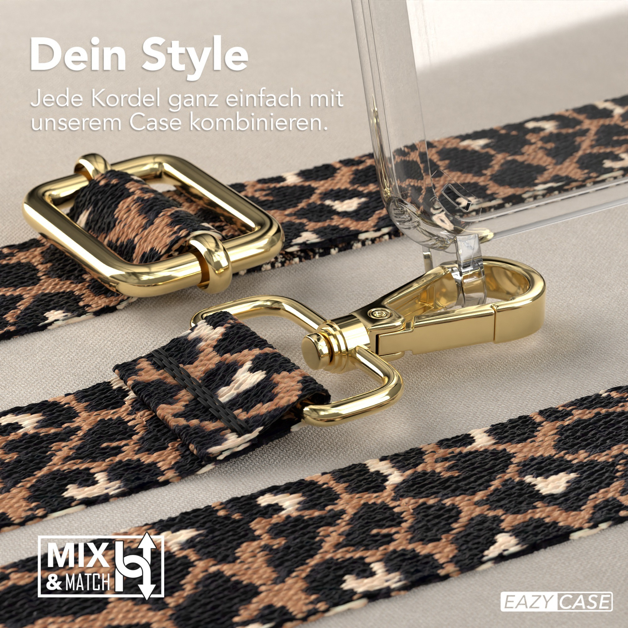 Nahaufnahme einer transparenten Handyhülle, Leopardenmusterriemen mit goldenen Verschlüssen.
