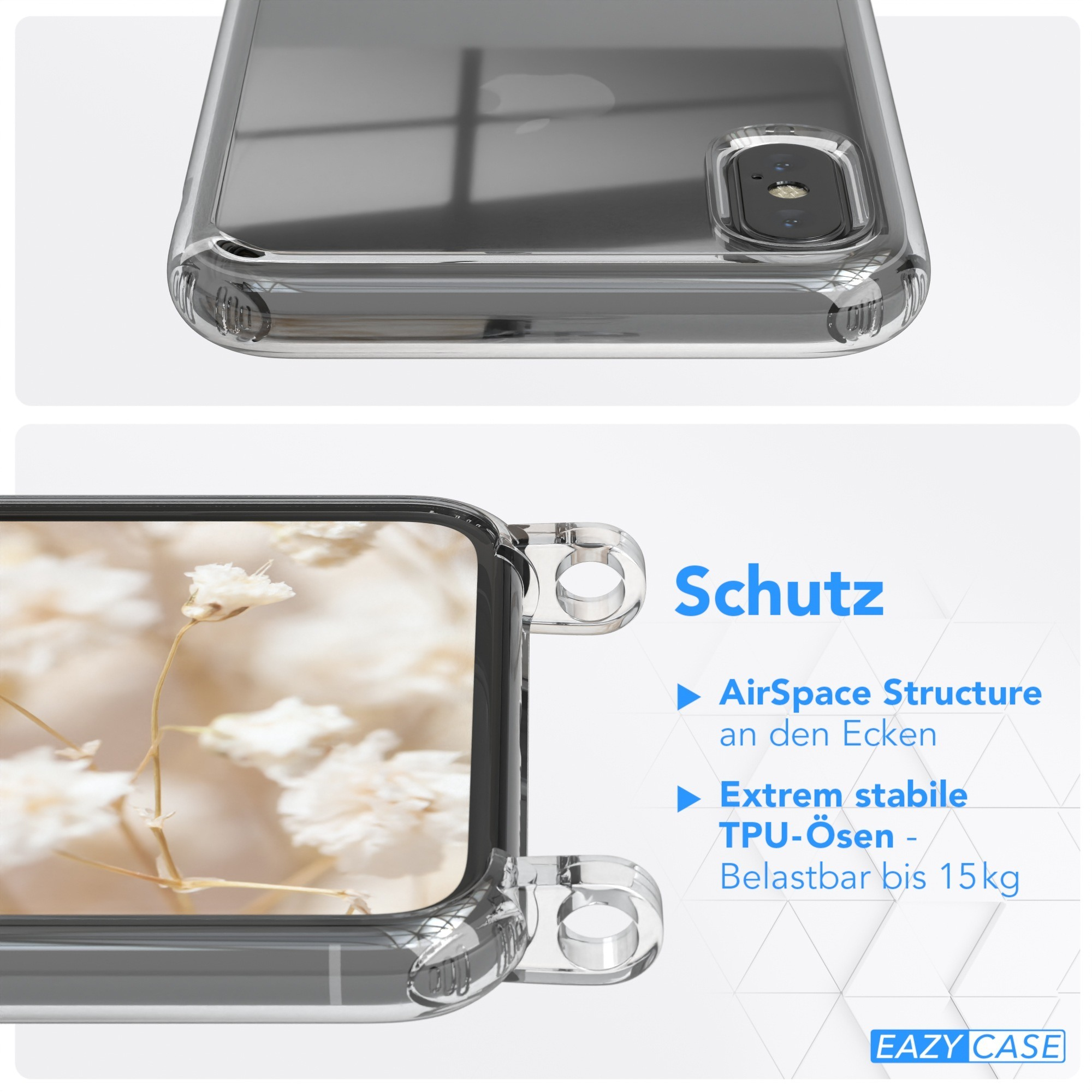Nahaufnahme einer Handyhülle mit transparentem Design und Text über den Schutz.