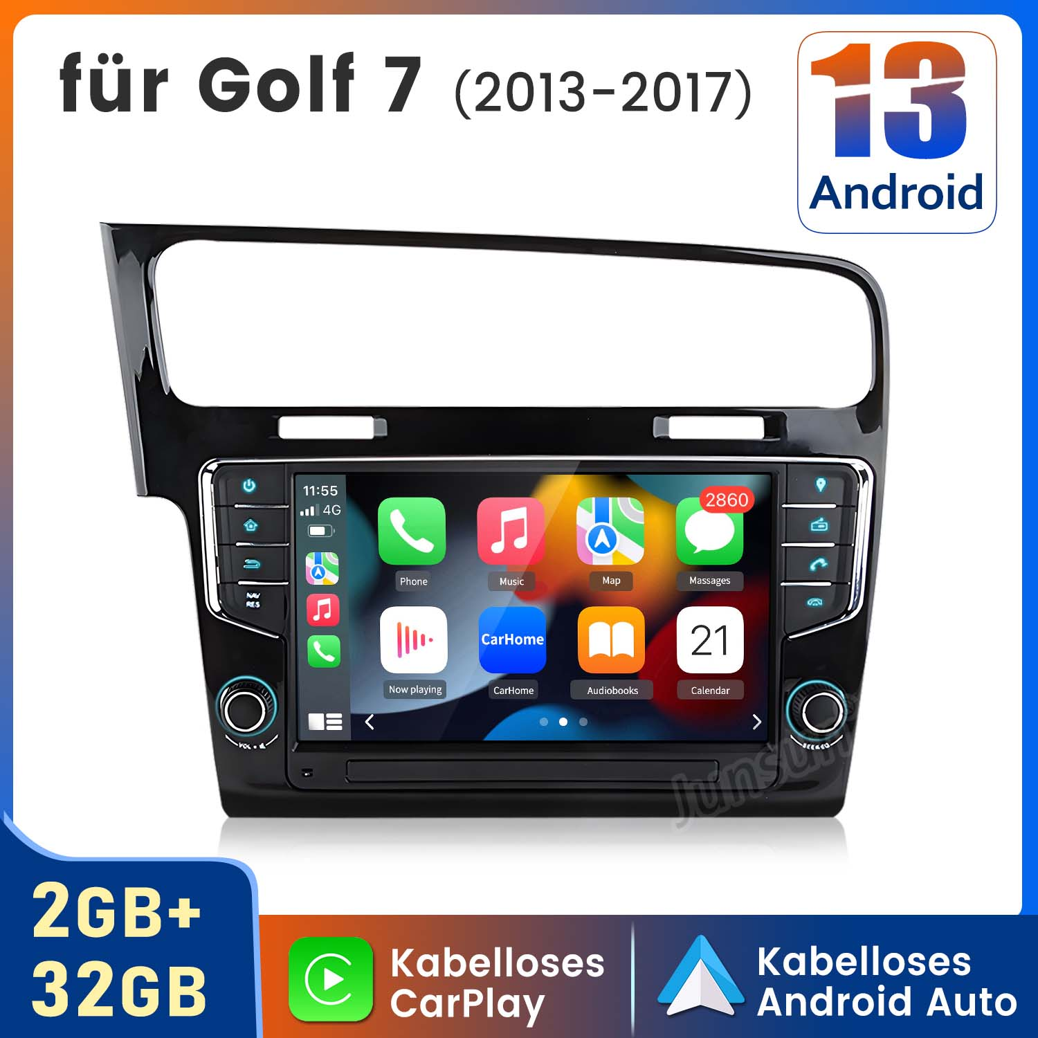 Auto-Infotainmentsystem mit Touchscreen, das Apps und Fahrzeuginformationen anzeigt.