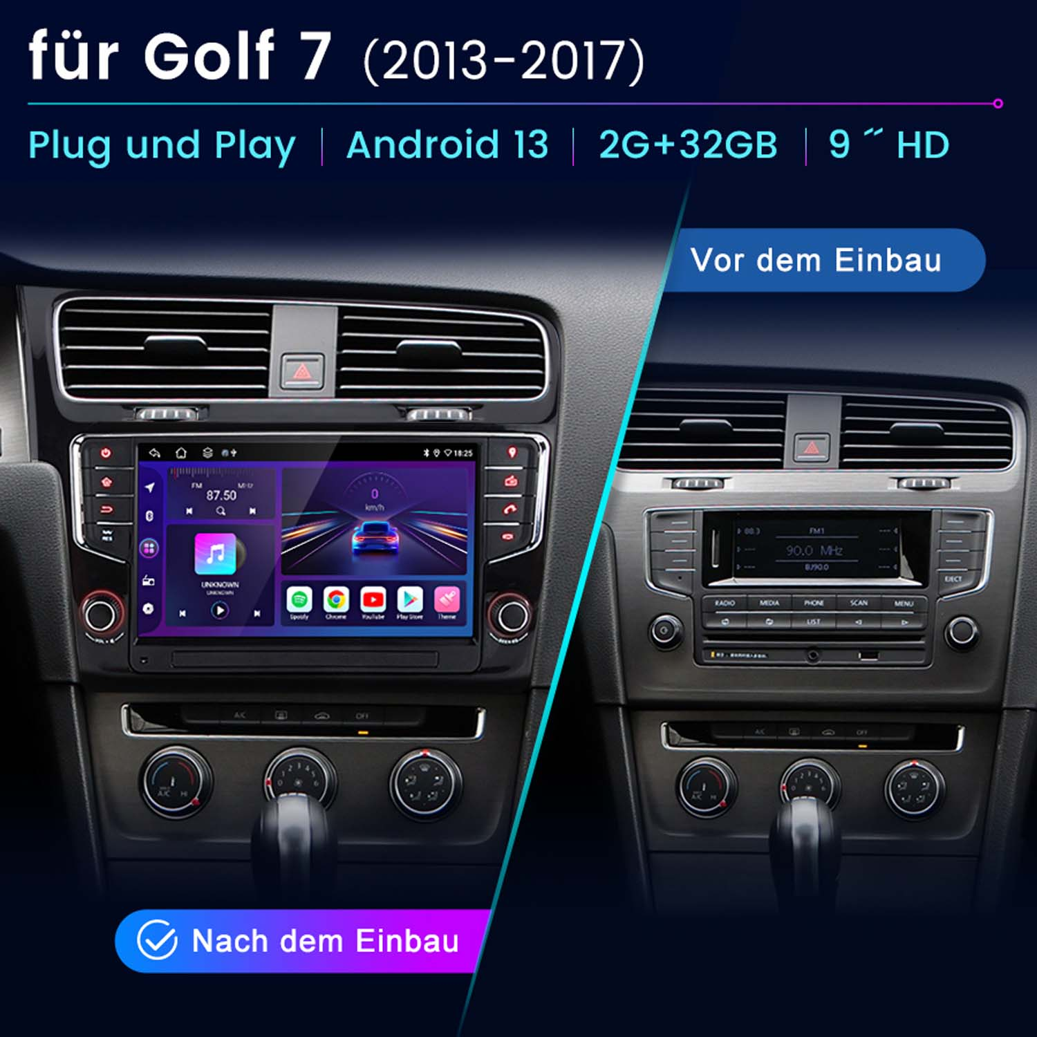Autoradio-Bildschirm mit Benutzeroberfläche und Armaturenbrettelementen. Vorher-Nachher-Vergleich.