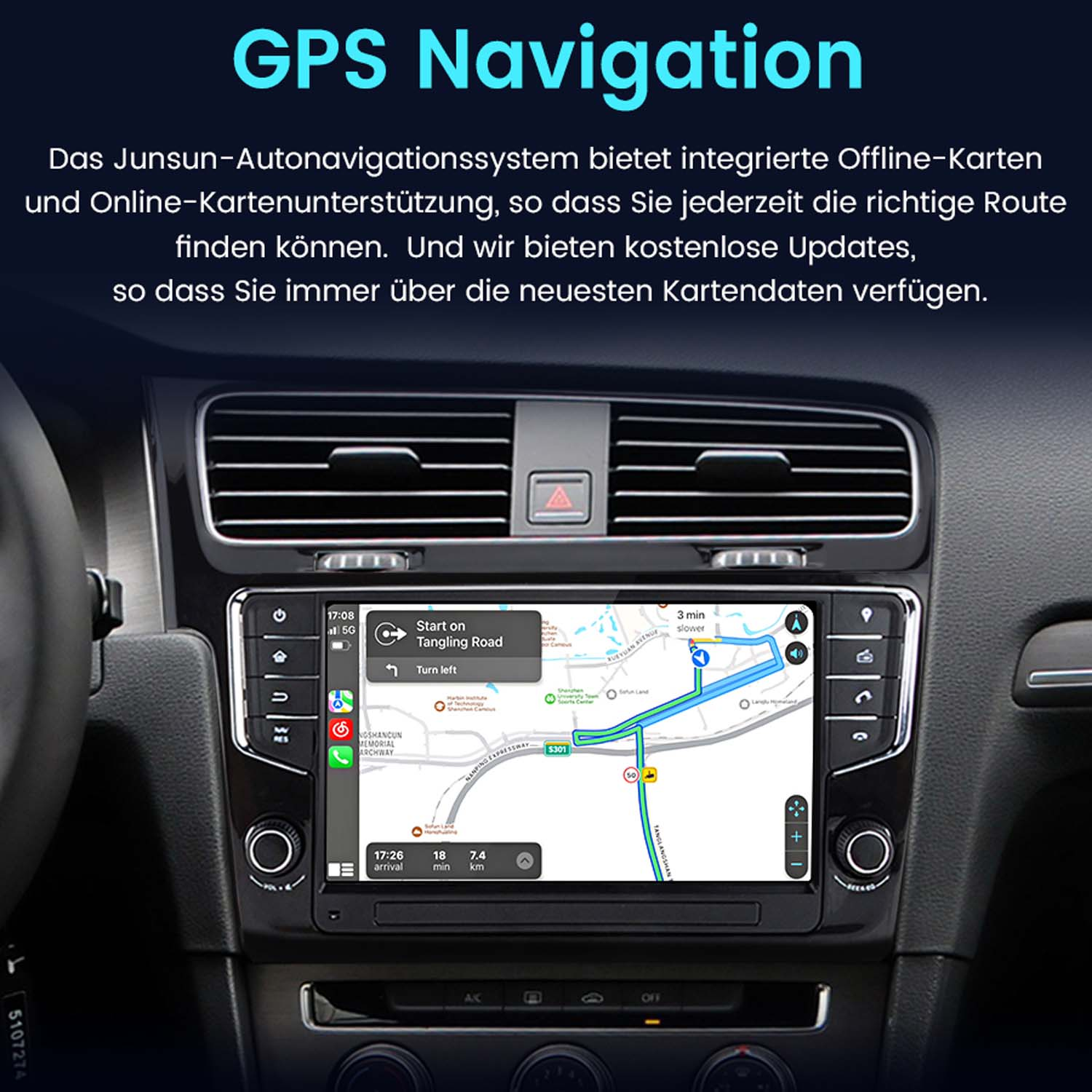 Auto-Armaturenbrett mit GPS-Navigationsbildschirm. Zeigt Karte und Route. Schwarzes Interieur.