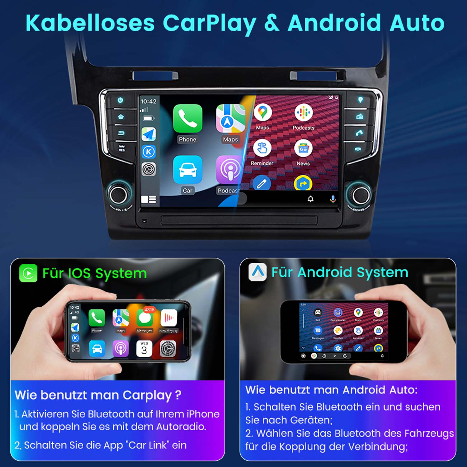 Autoradio mit Bildschirm, der Telefon-Apps anzeigt. Zwei Telefone zeigen CarPlay/Android Auto-Setup.