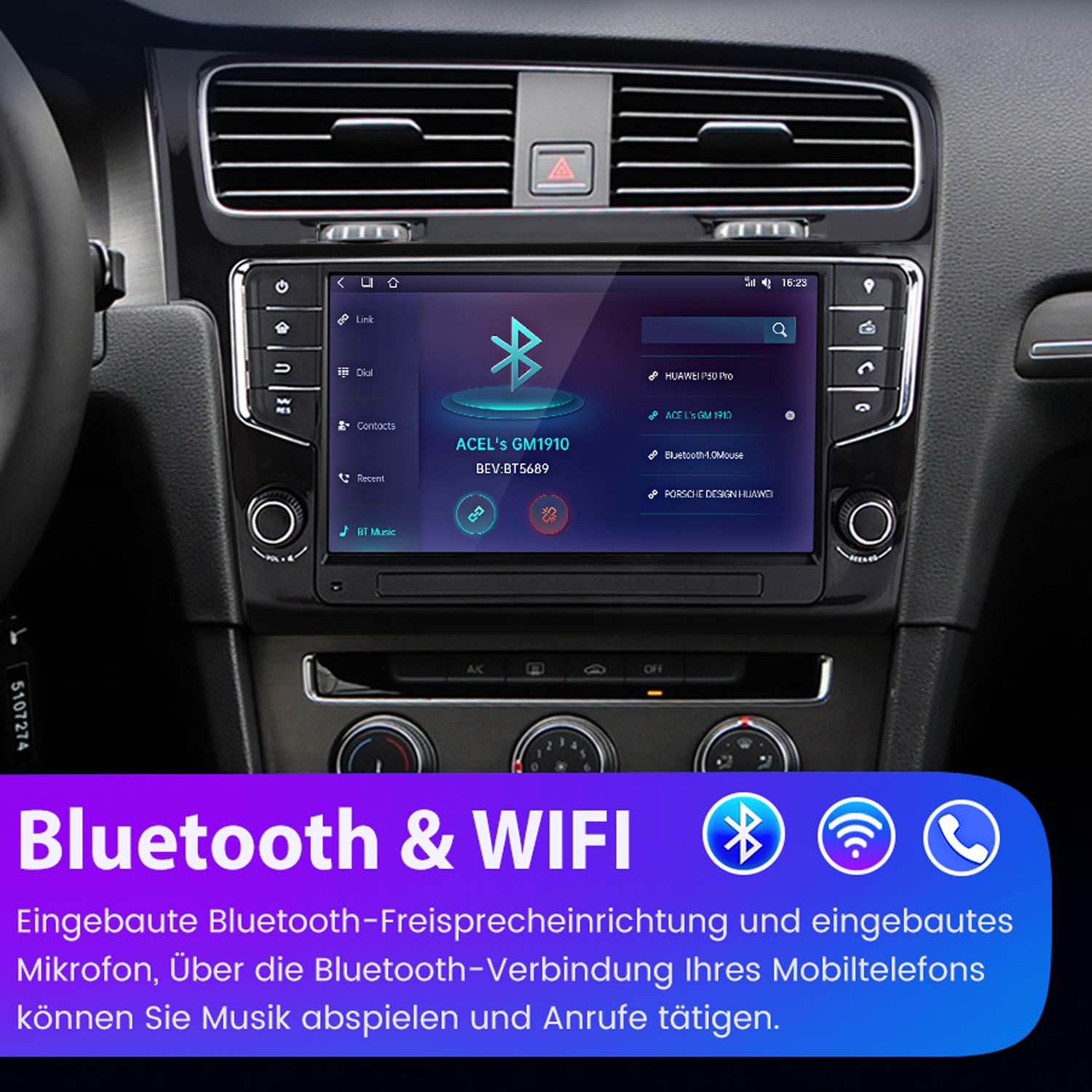 Autoradiosystem mit Touchscreen, der eine App-Oberfläche zeigt.