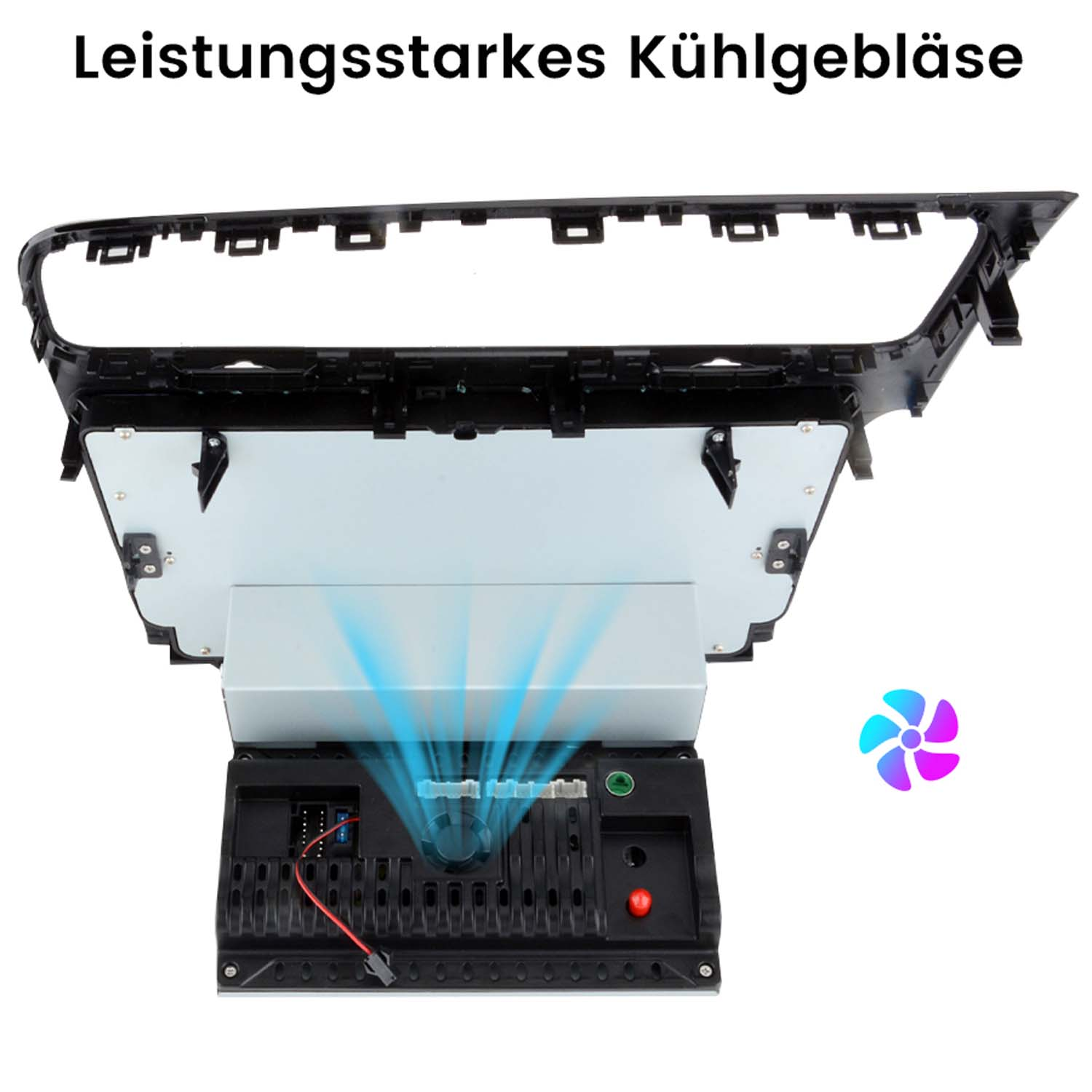 Auto-Display mit Lüfter. Schwarzer Rahmen, blauer Luftstrom und ein farbenfrohes Lüftersymbol. Weißer Hintergrund.