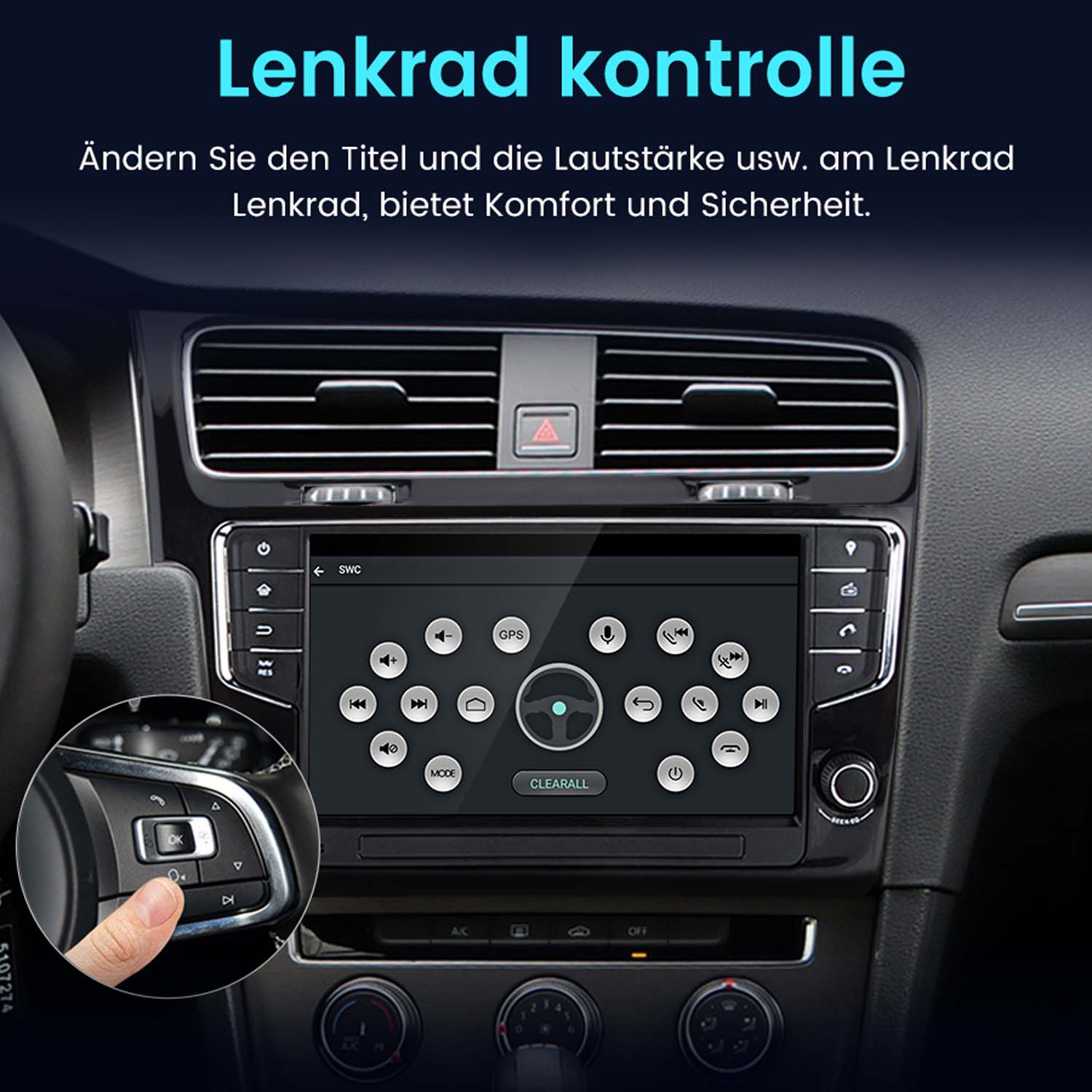 Armaturenbrett eines Autos mit Bildschirm, der eine Benutzeroberfläche anzeigt. Lenkradbedienelemente sind sichtbar.