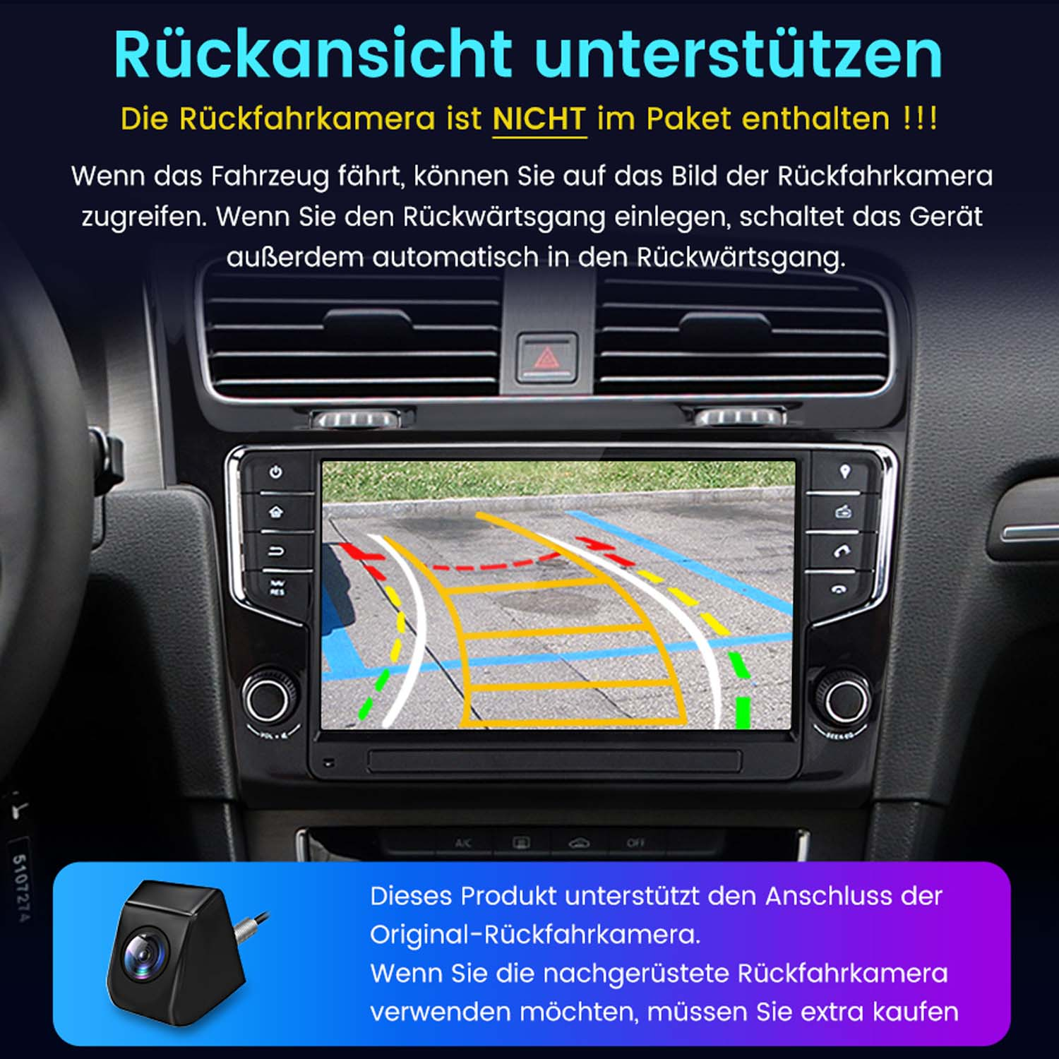 Auto-Bildschirm mit einer Parkkameransicht und einem Text, der die Funktion erklärt und die Notwendigkeit des Kaufs.