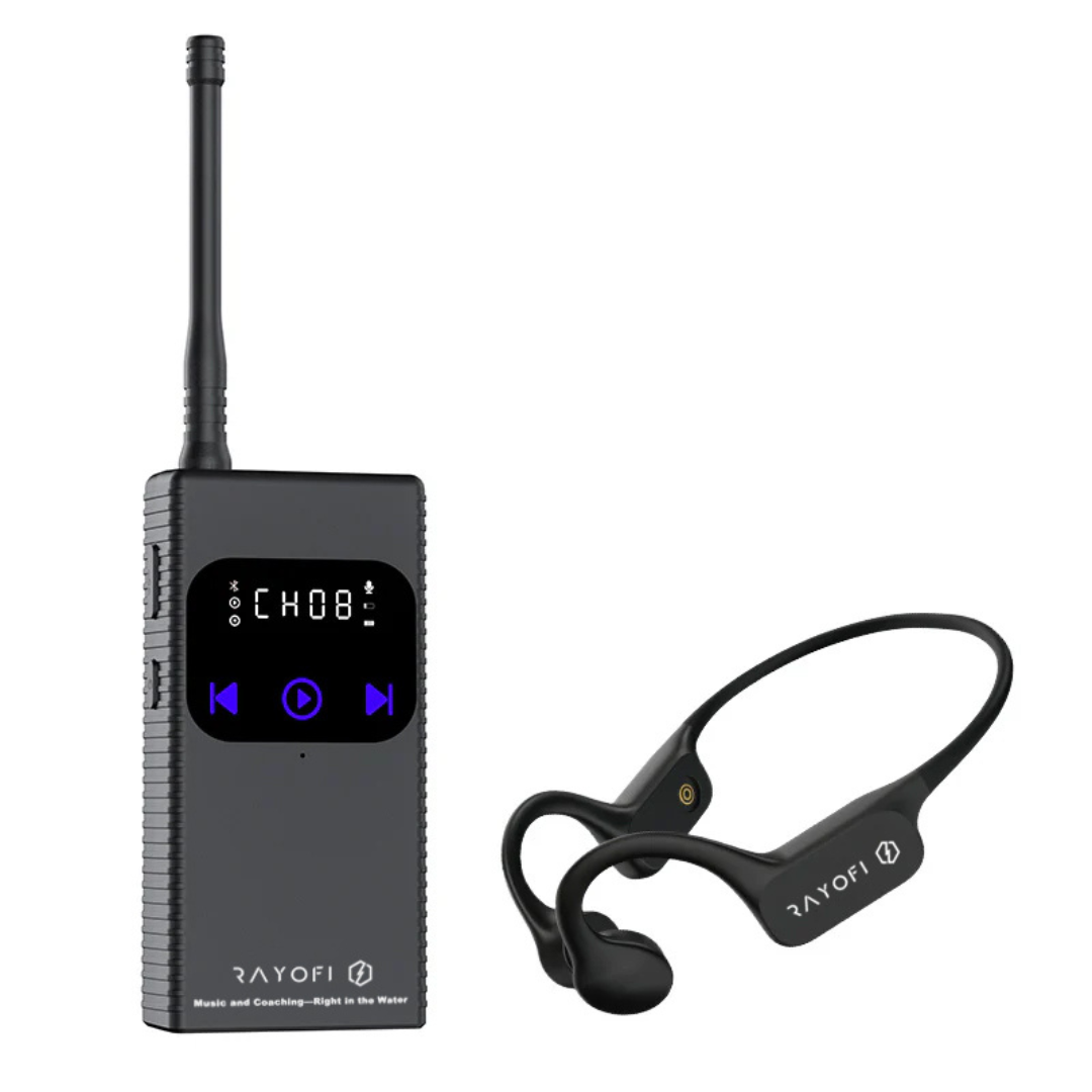 Ein schwarzes Rayofi-Gerät mit Headset. Das Gerät hat einen Bildschirm und Knöpfe.
