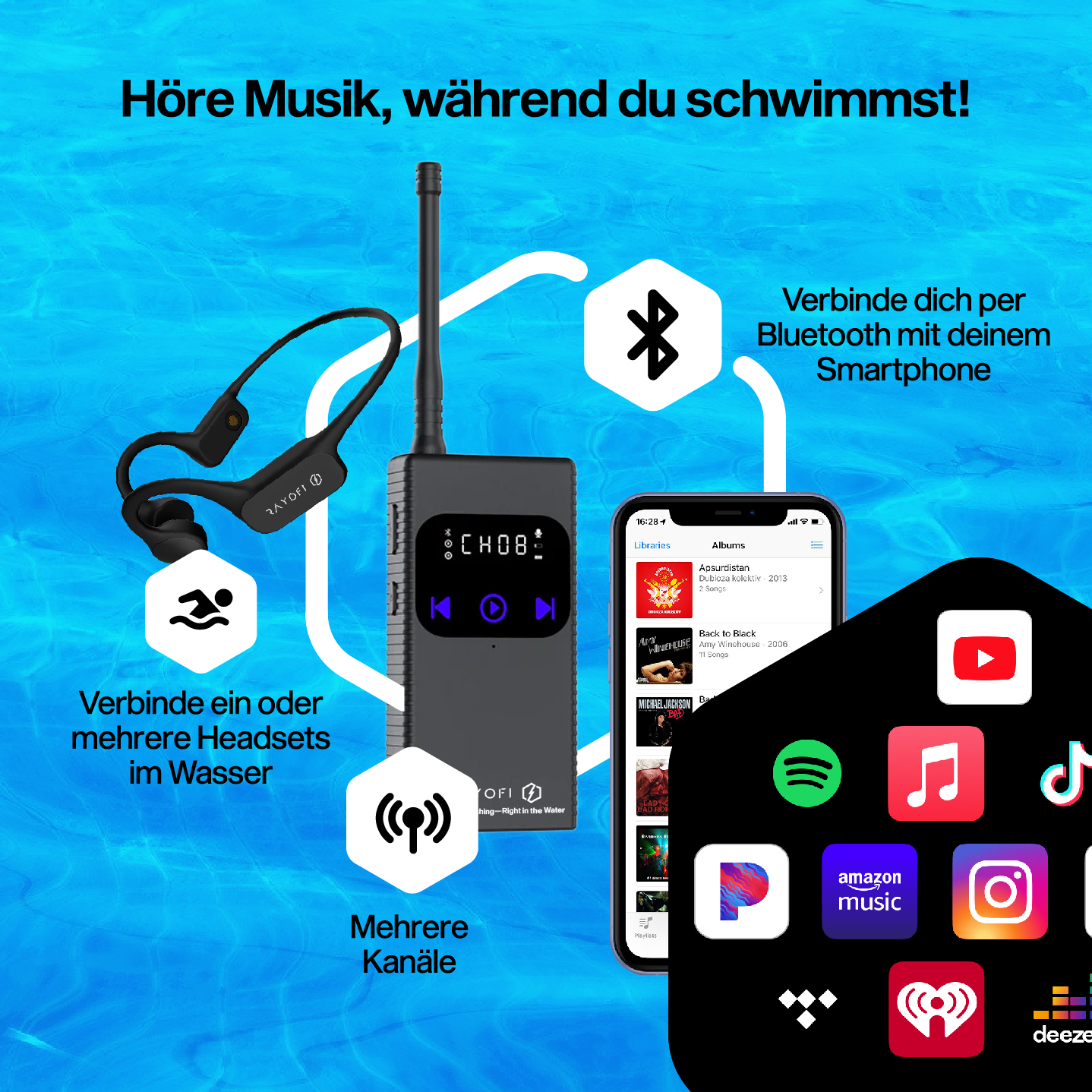 Schwarzes Gerät mit Kopfhörern und Smartphone, mit App-Symbolen auf blauem Hintergrund.