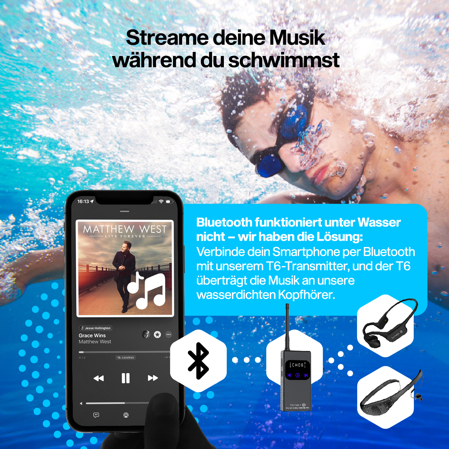 Schwimmer mit Kopfhörern unter Wasser. Telefon zeigt Musik-App. Text: Streame deine Musik während du schwimmst.