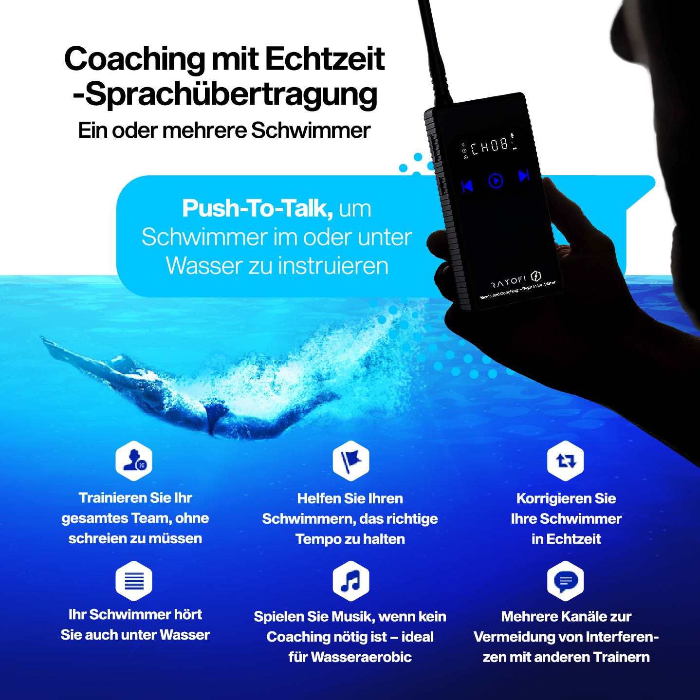 Bild über Coaching mit Echtzeit-Sprachübertragung. Zeigt einen Schwimmer und ein Gerät.
