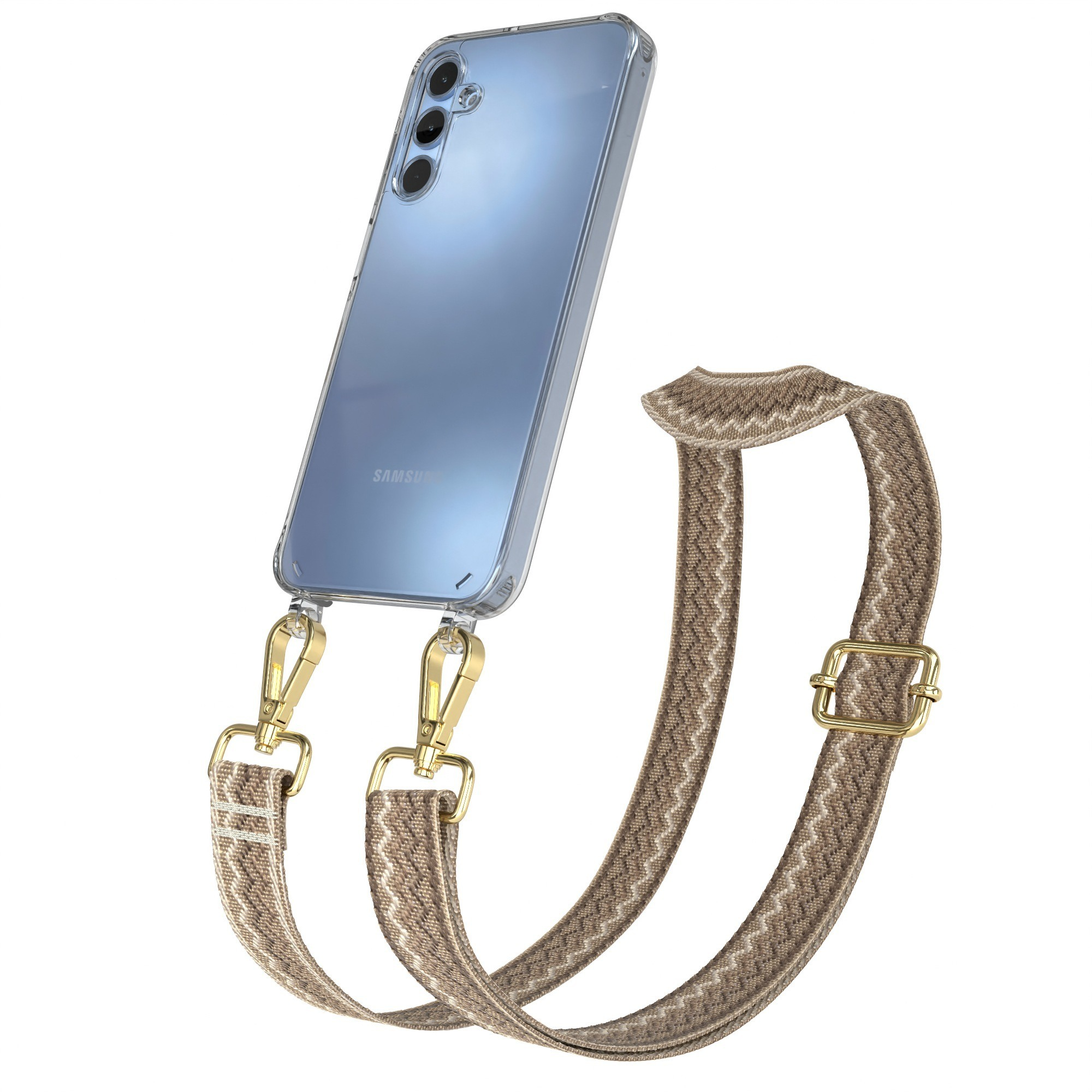 Transparente Handyhülle mit gemustertem Riemen. Goldene Verschlüsse. Ein blaues Telefon ist befestigt. Weißer Hintergrund.