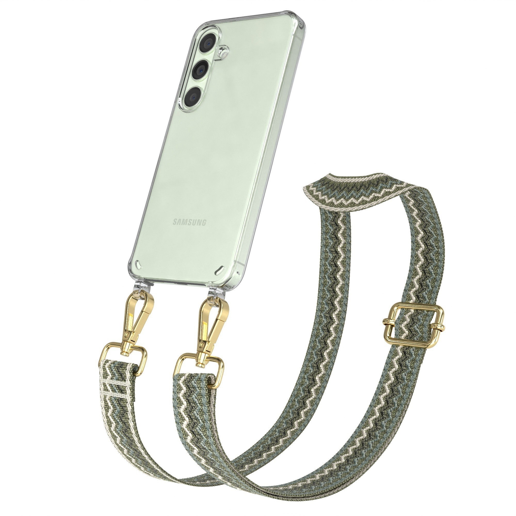 Telefon in klarer Hülle mit grünem Zickzack-Gurt und goldenen Verschlüssen.