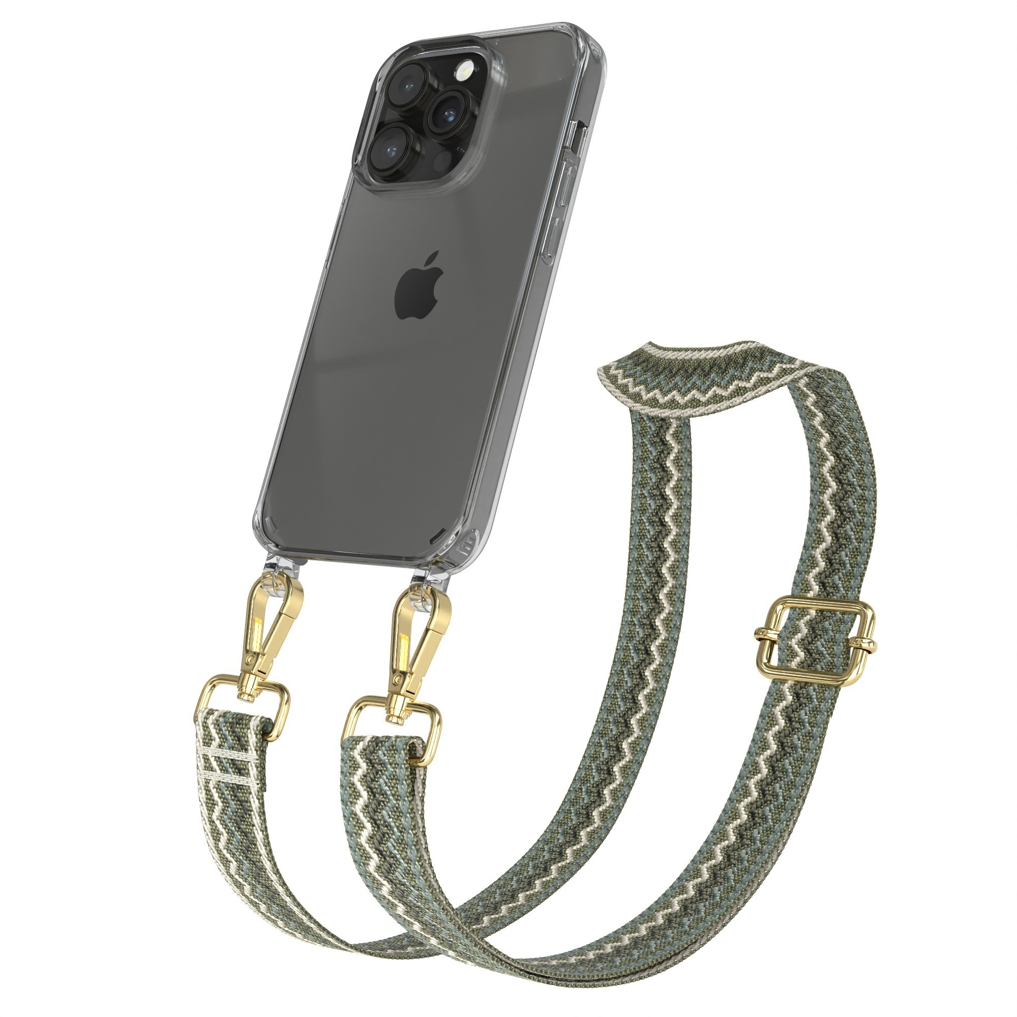 Klare Handyhülle mit goldfarbener Hardware und grün-beigem Gurt. Telefon ist geneigt.