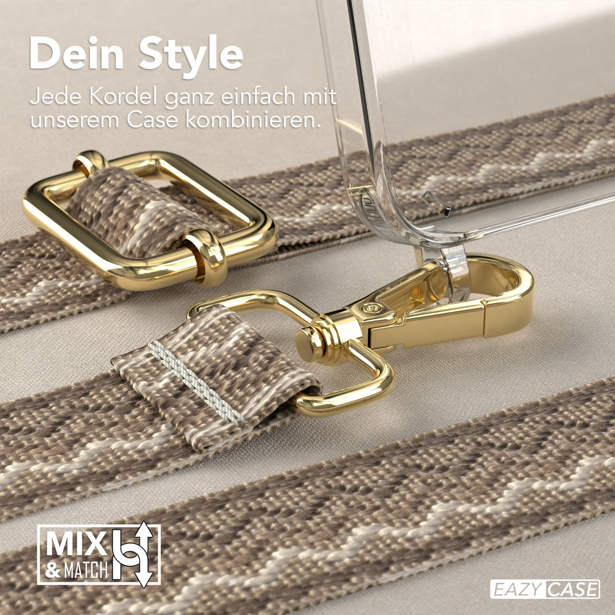 Nahaufnahme von Handy-Gurtteilen mit goldfarbenem Metall. Text-Overlay: Dein Style.