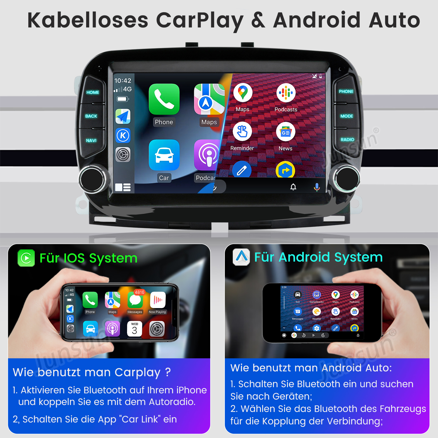 Autoradiobildschirm mit App-Symbolen und Anweisungen für iOS- und Android-Systeme.