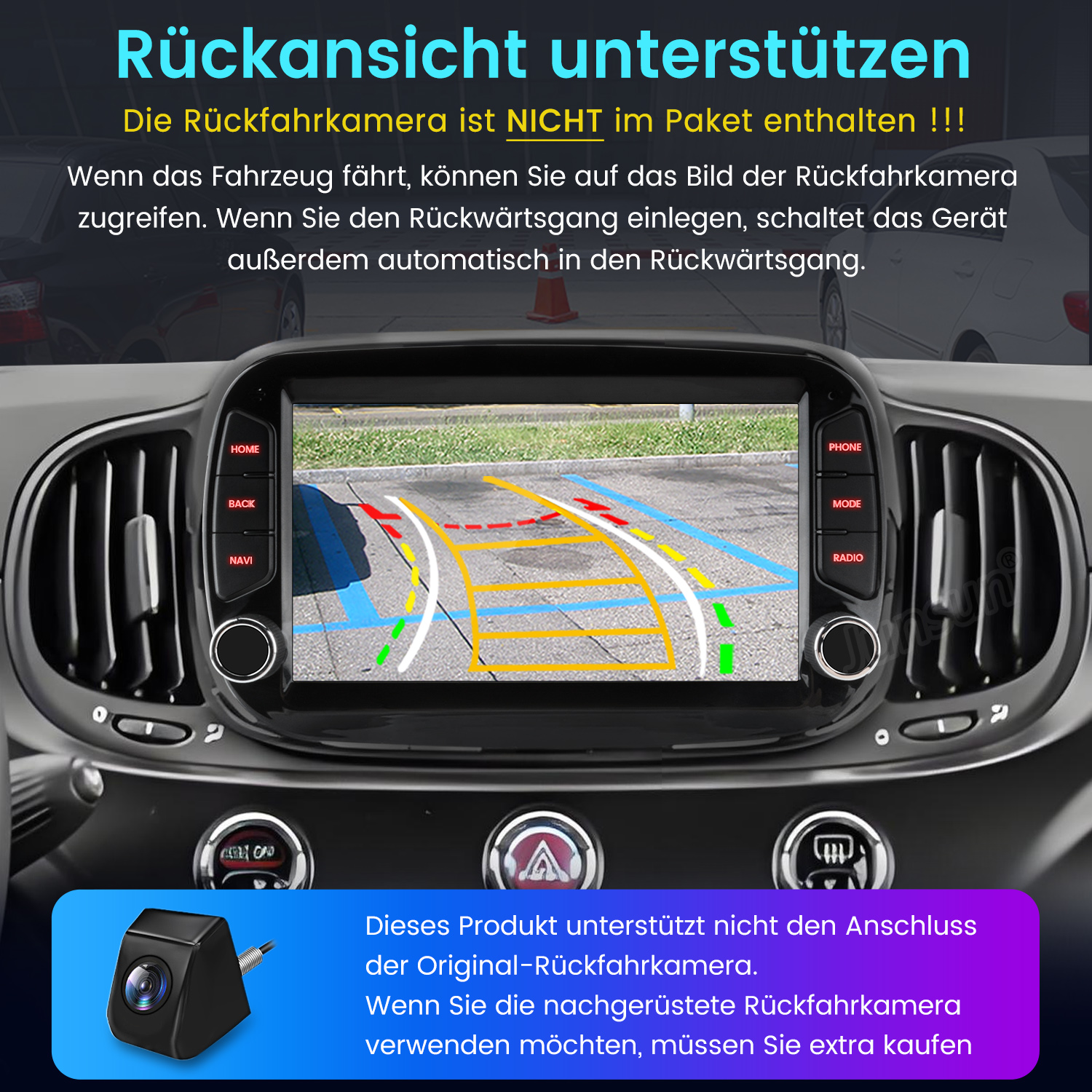 Cruscotto auto con vista telecamera posteriore sullo schermo. Il testo spiega le caratteristiche.