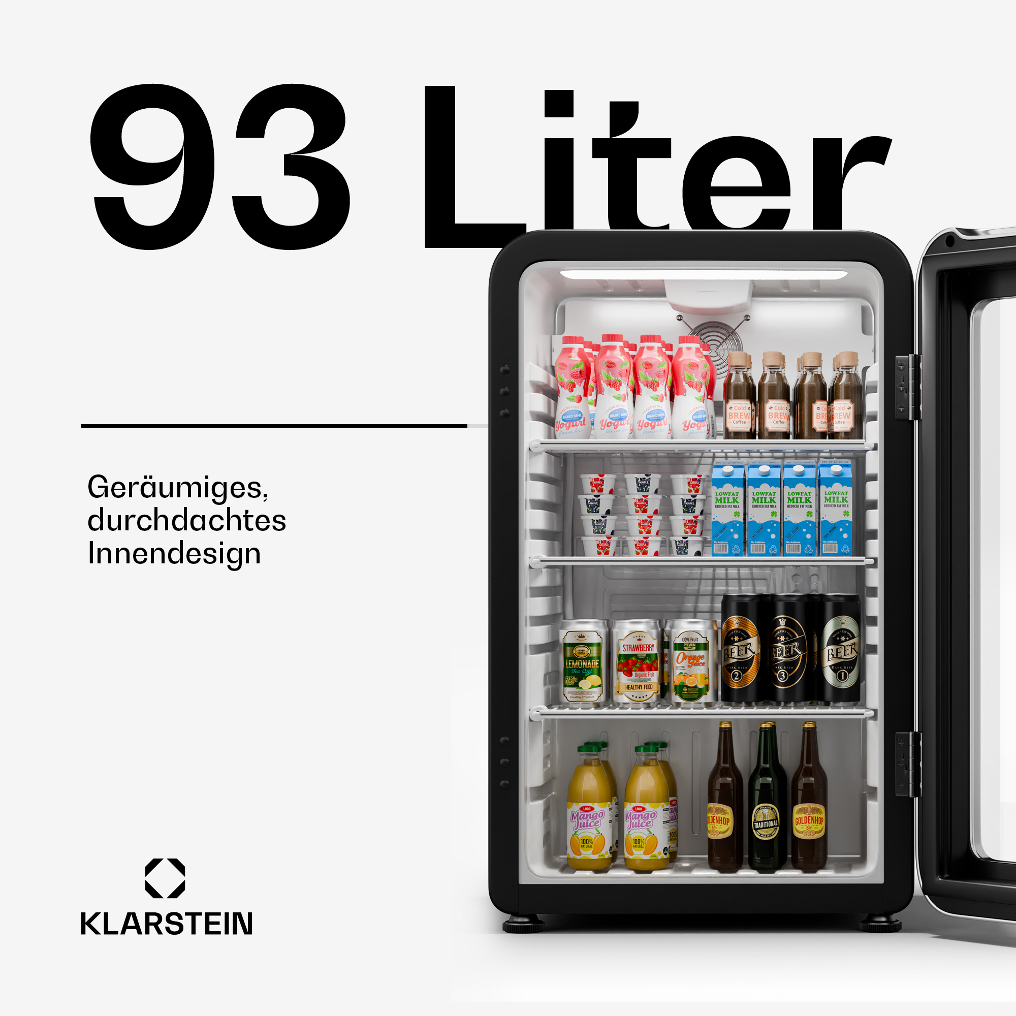 Mini frigo nero con porta aperta che mostra bevande. Testo: '93 Liter' e 'KLARSTEIN'.