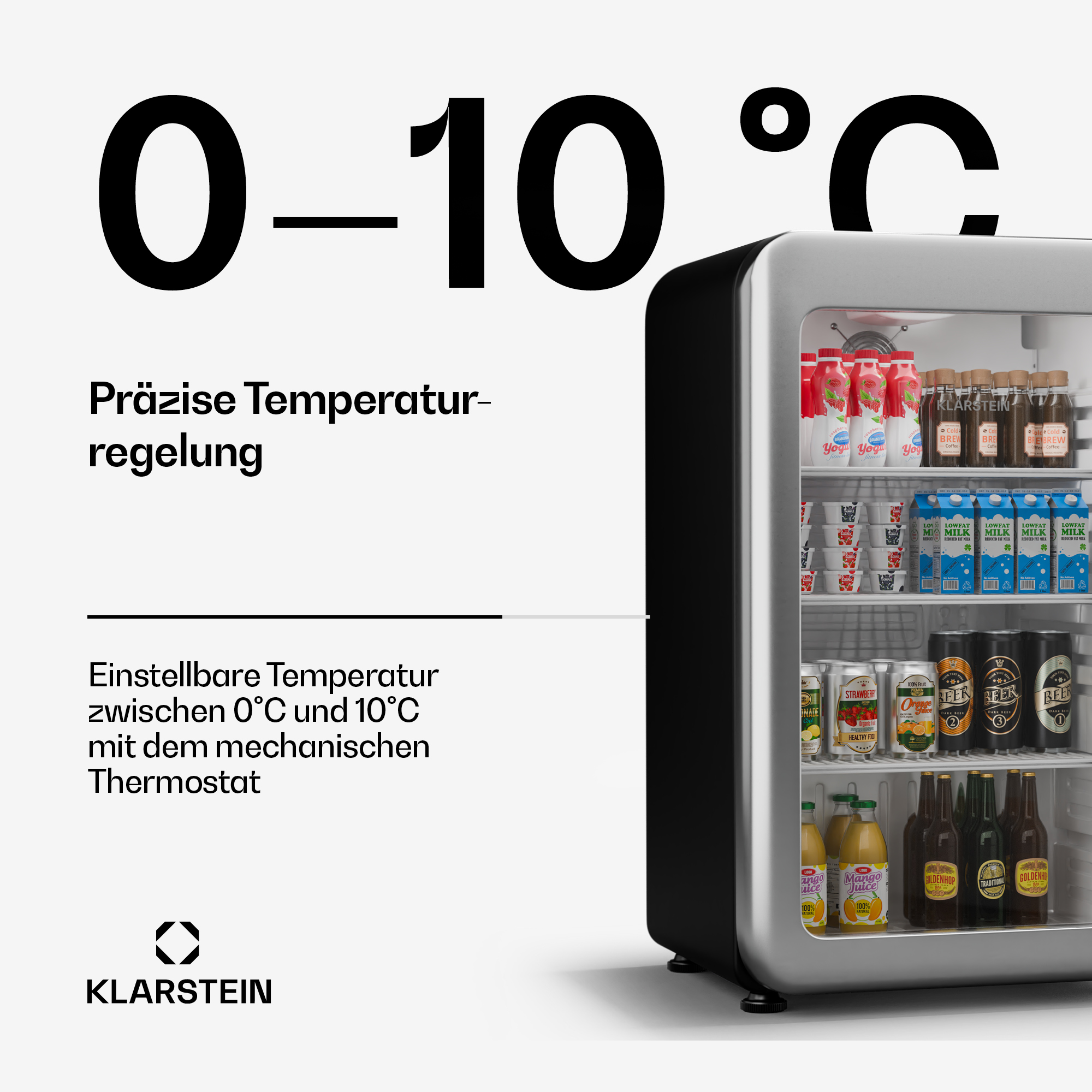 Mini frigo con bevande. Mostra intervallo di temperatura 0-10°C. Design nero e argento. Prodotti esposti.