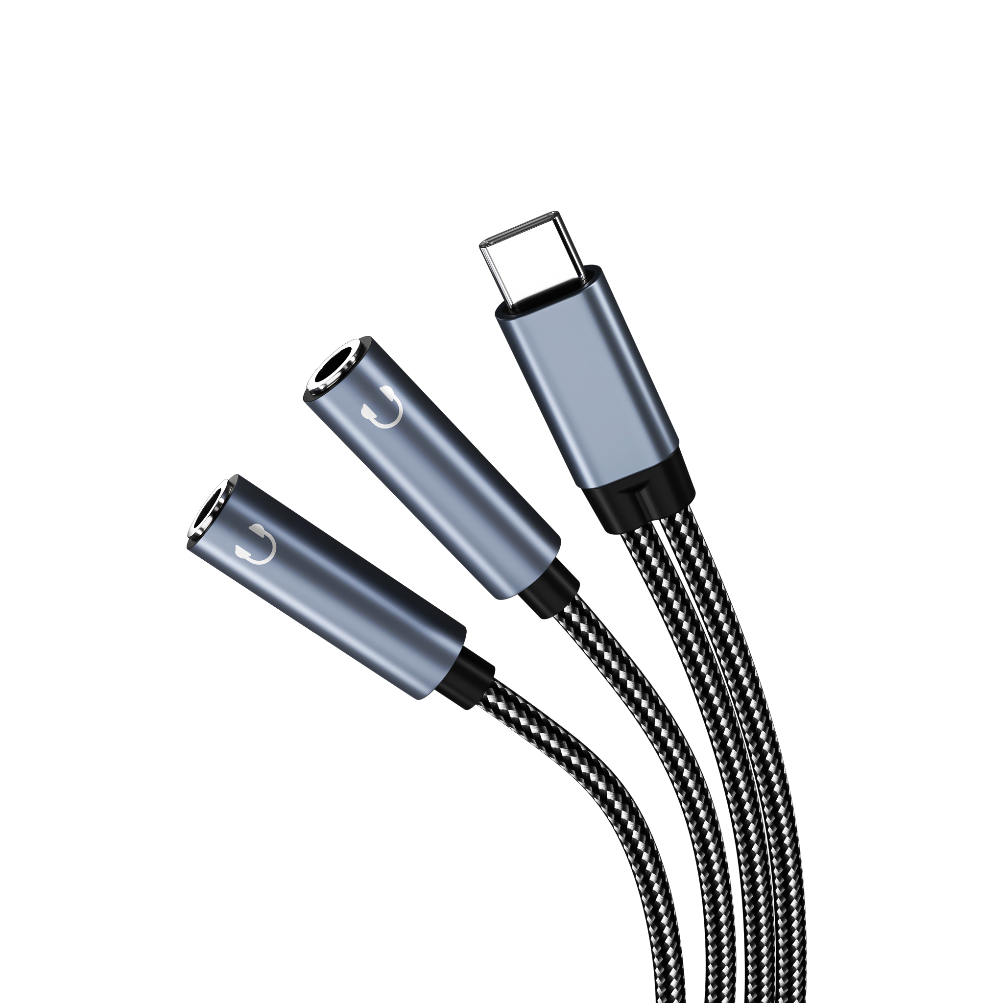Three grey and black audio jack splitters. One USB-C connector and two headphone jacks.