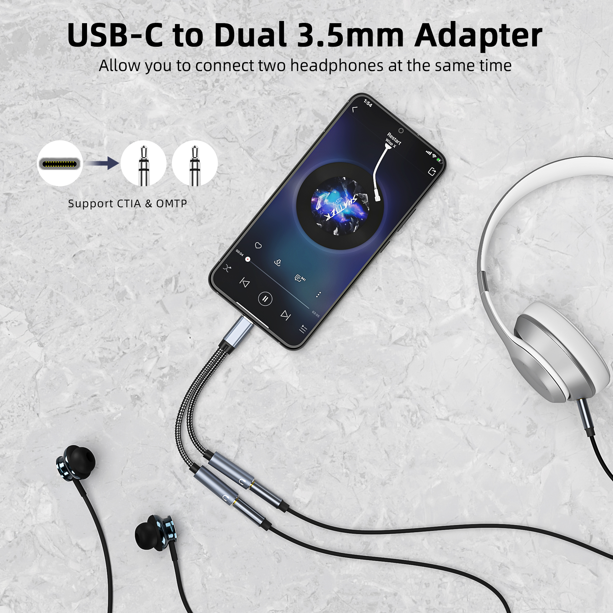 USB-C to dual 3.5mm adapter with headphones and phone. Text: 'USB-C to Dual 3.5mm Adapter'.