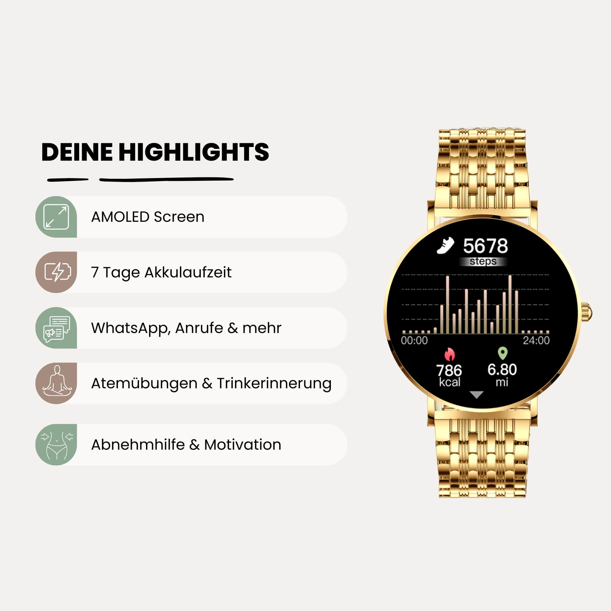 Goldene Smartwatch mit schwarzem Display, das Schritte, Kalorien und Distanz anzeigt.