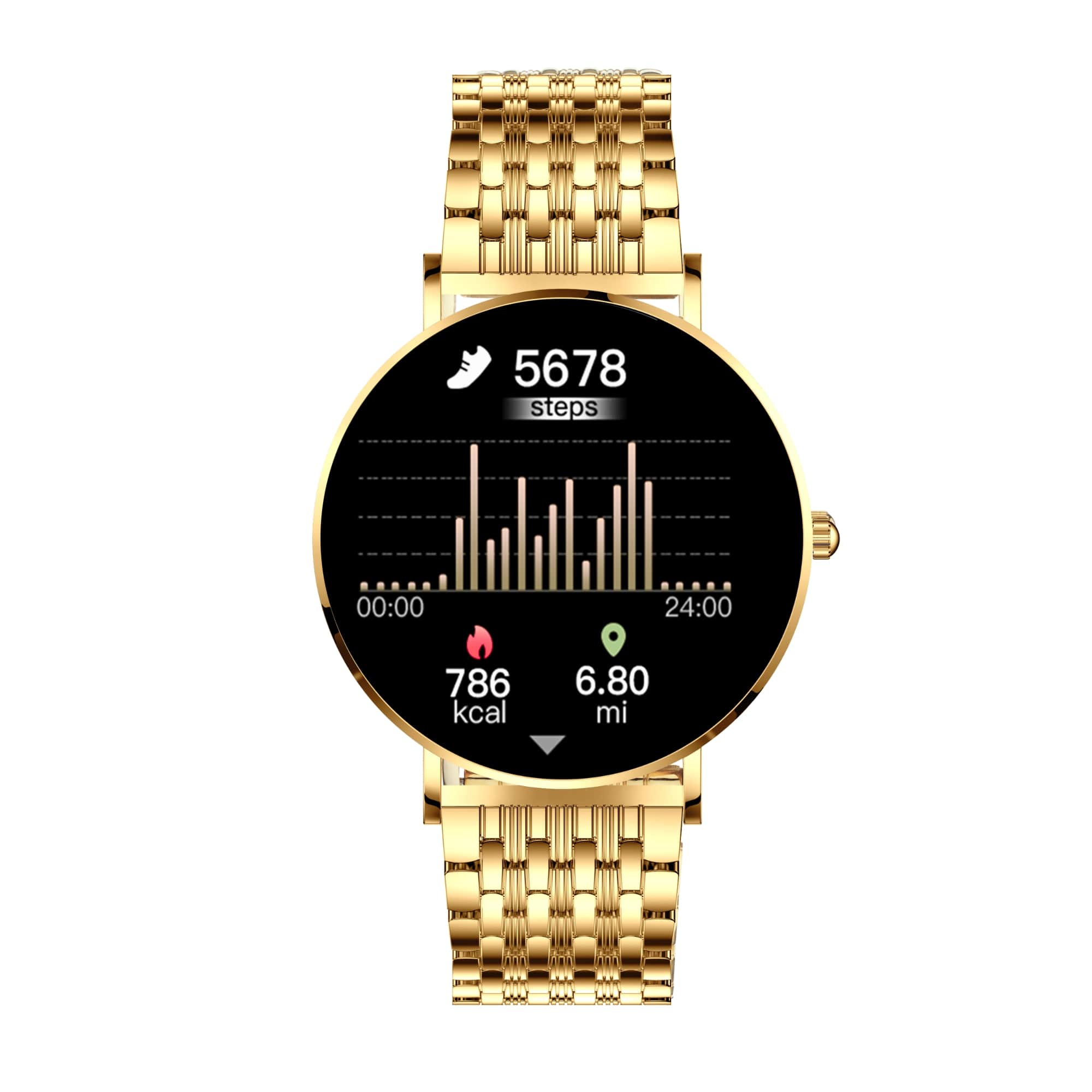 Goldene Smartwatch zeigt Schritte, Kalorien und Distanz an. Goldenes Armband und schwarzes Zifferblatt.