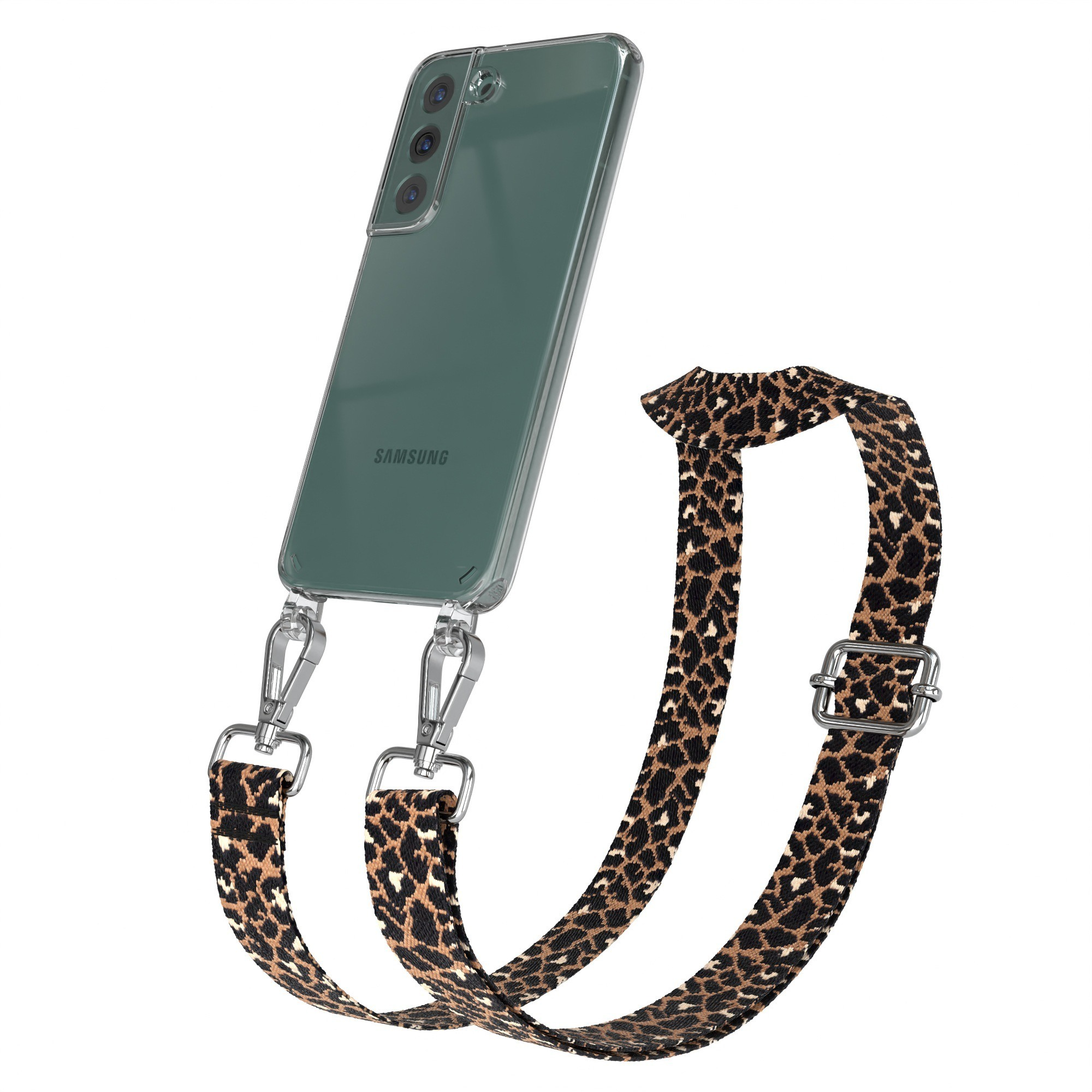 Telefon mit durchsichtiger Hülle und Leopardenmuster-Riemen. Riemen ist braun und schwarz. Telefon ist grün.