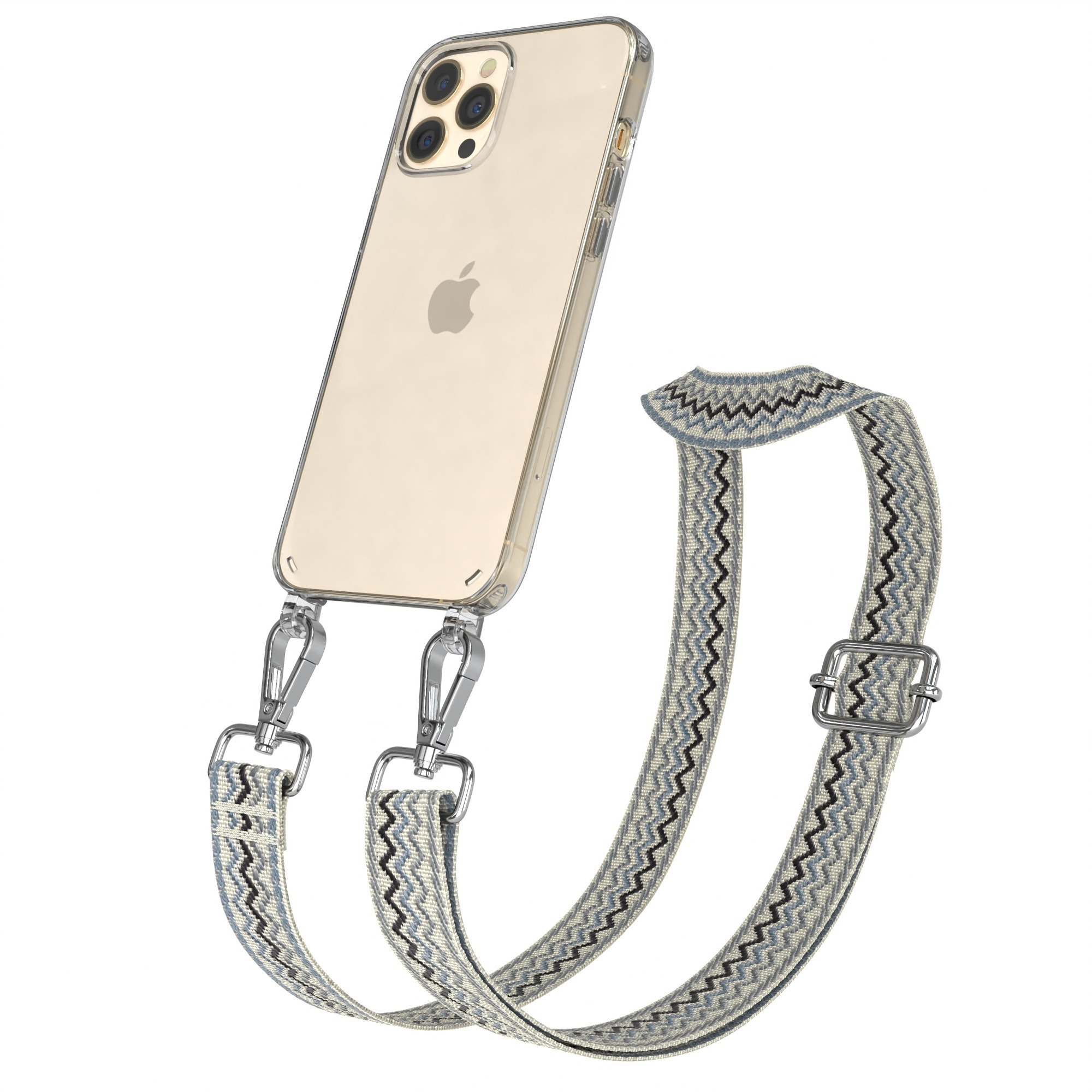 Handyhülle mit Band, transparente Hülle, beige und blau gemustertes Band.